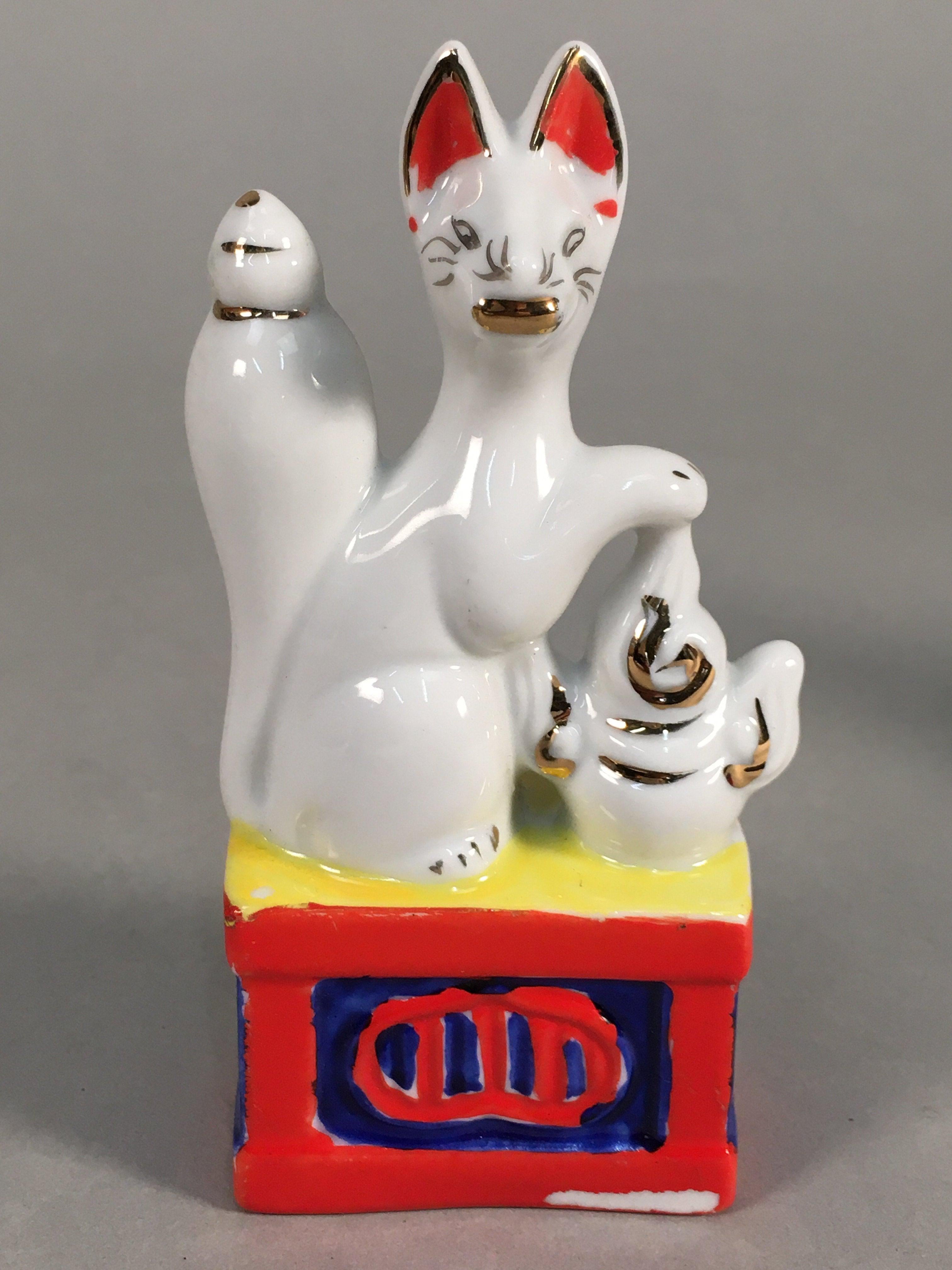 Japanese Shinto Altar Fitting Porcelain Fox Figurine Pair Vtg Inari Okimono BD59