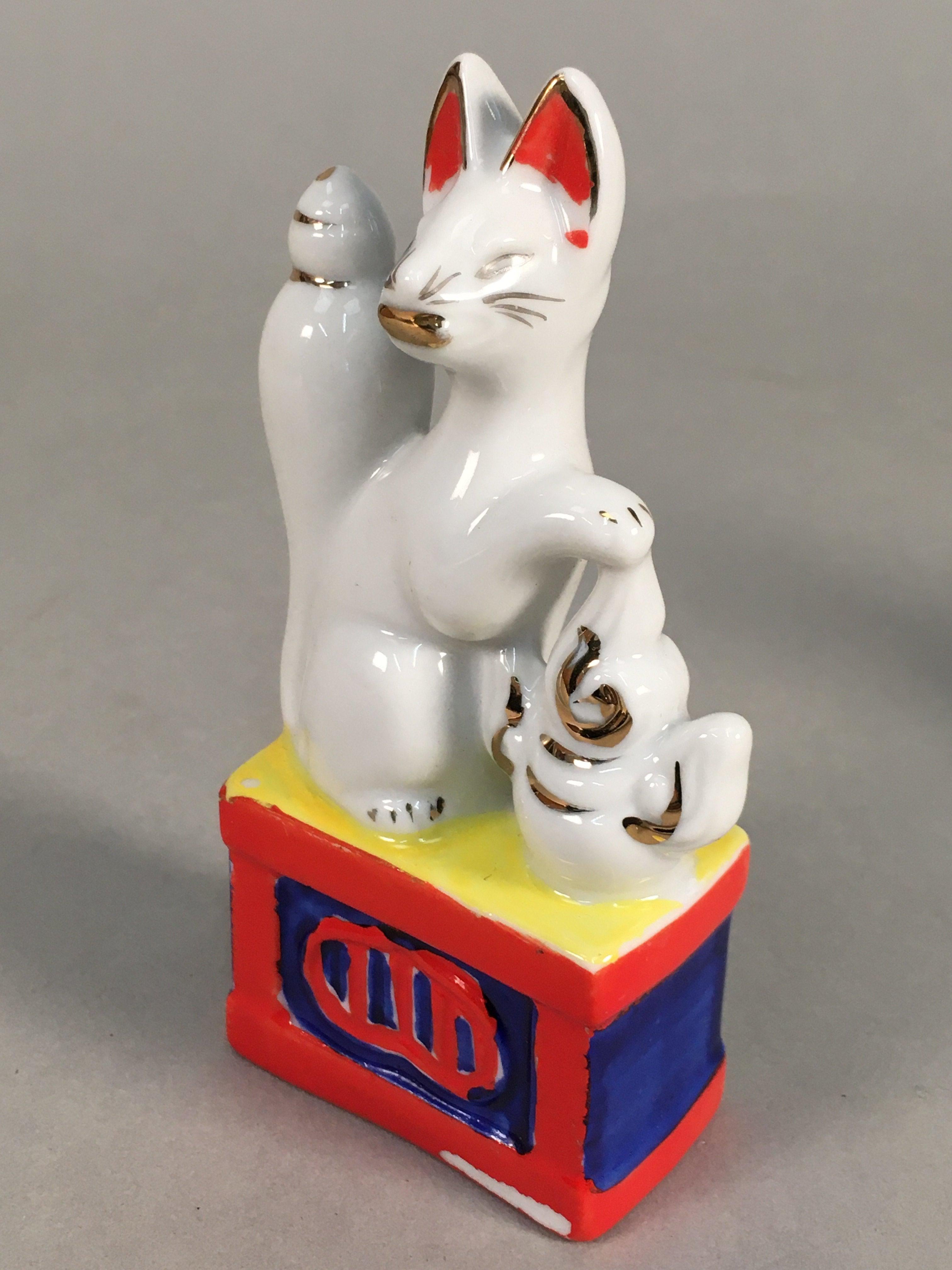 Japanese Shinto Altar Fitting Porcelain Fox Figurine Pair Vtg Inari Okimono BD59