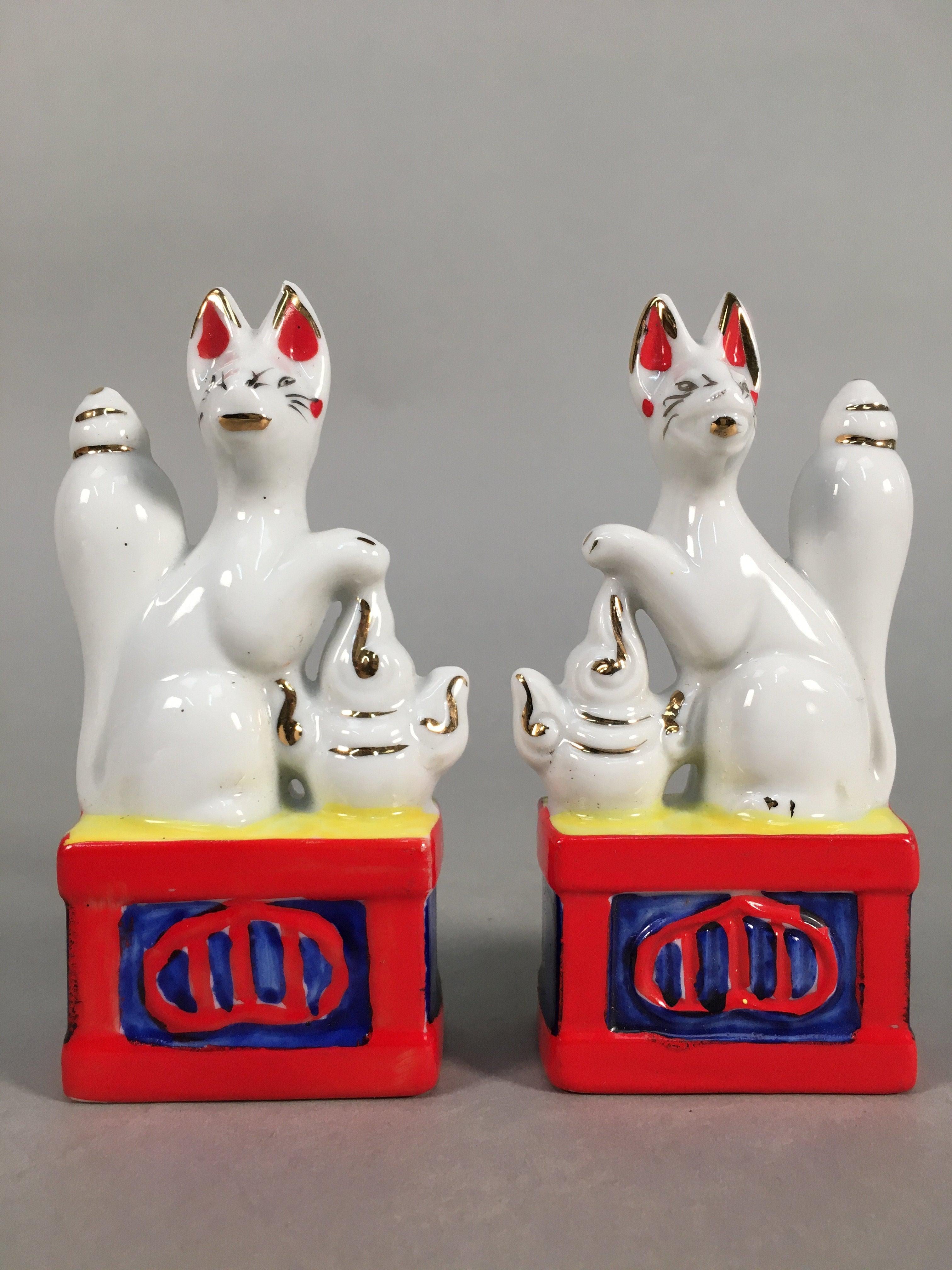 Japanese Shinto Altar Fitting Porcelain Fox Figurine Pair Vtg Inari Okimono BD59