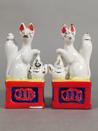 Japanese Shinto Altar Fitting Porcelain Fox Figurine Pair Vtg Inari Okimono BD59