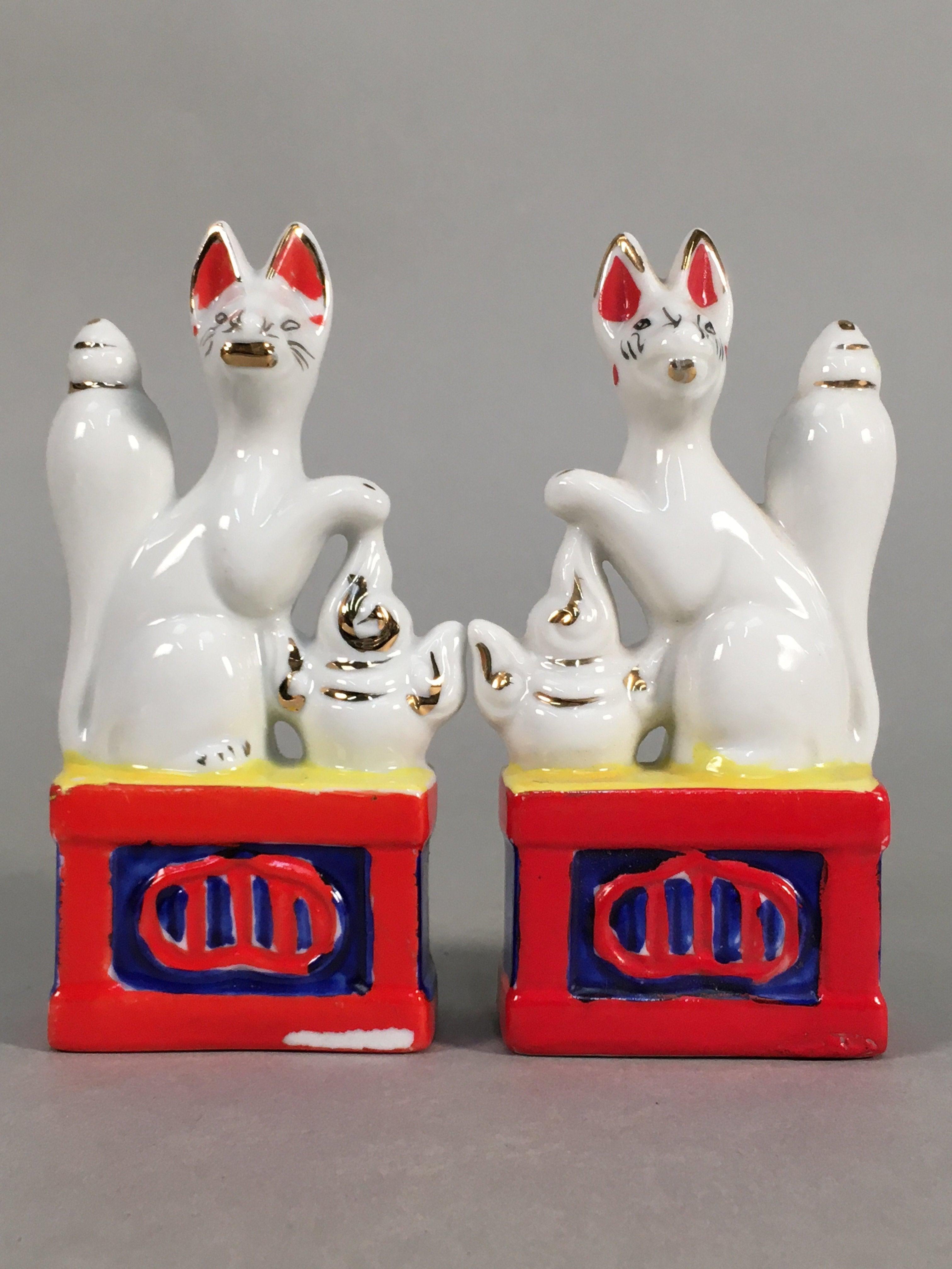 Japanese Shinto Altar Fitting Porcelain Fox Figurine Pair Vtg Inari Okimono BD59