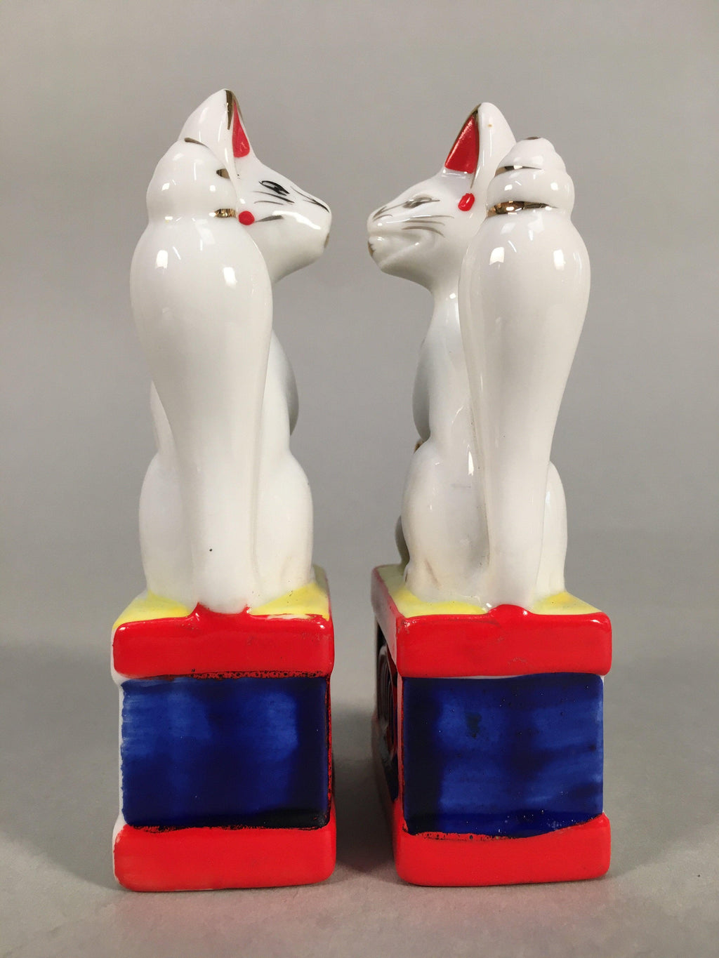 Japanese Shinto Altar Fitting Porcelain Fox Figurine Pair Vtg Inari Okimono BD59