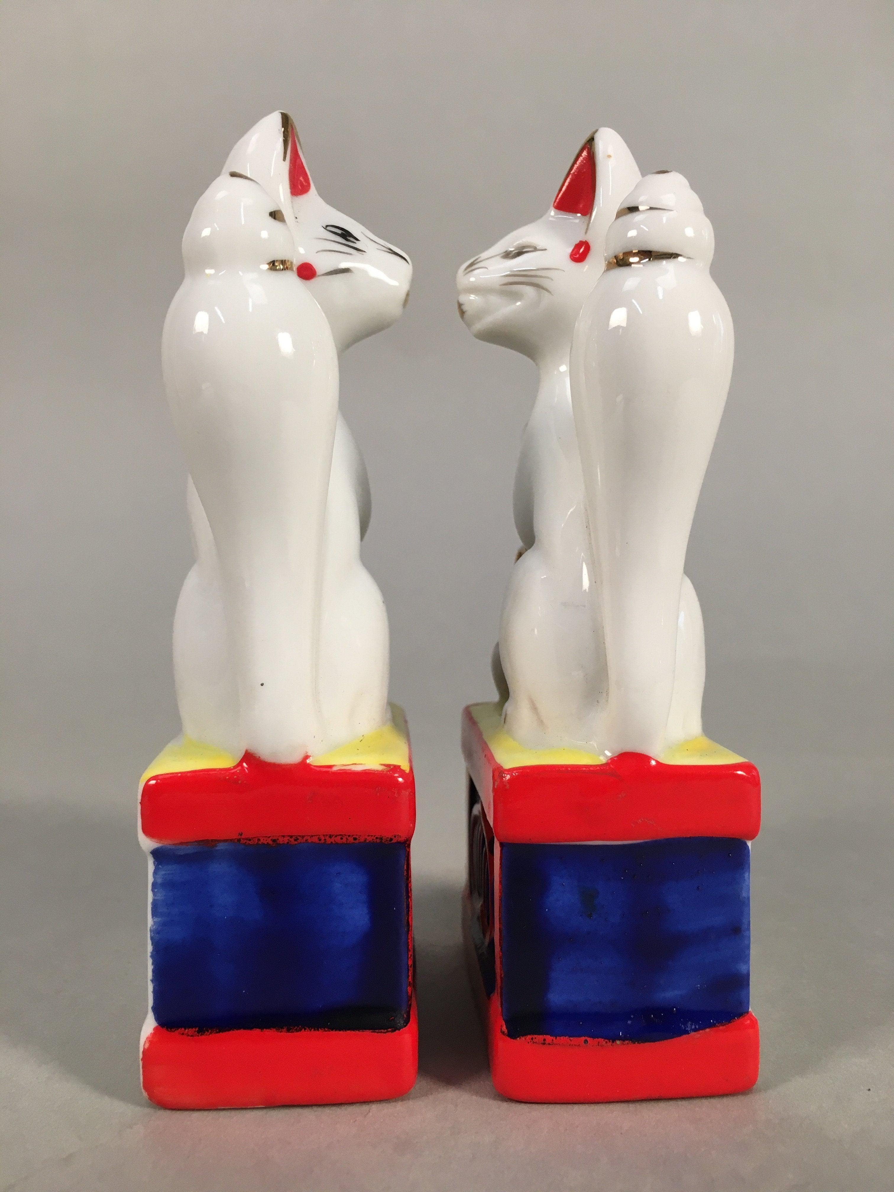 Japanese Shinto Altar Fitting Porcelain Fox Figurine Pair Vtg Inari Okimono BD59