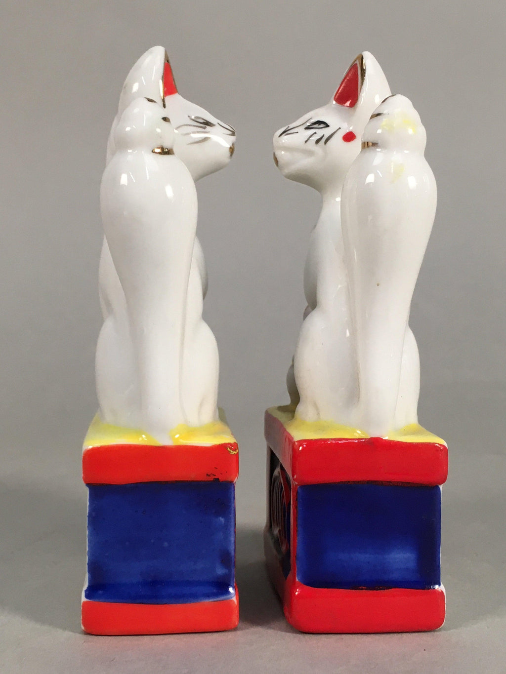 Japanese Shinto Altar Fitting Porcelain Fox Figurine Pair Vtg Inari Okimono BD59