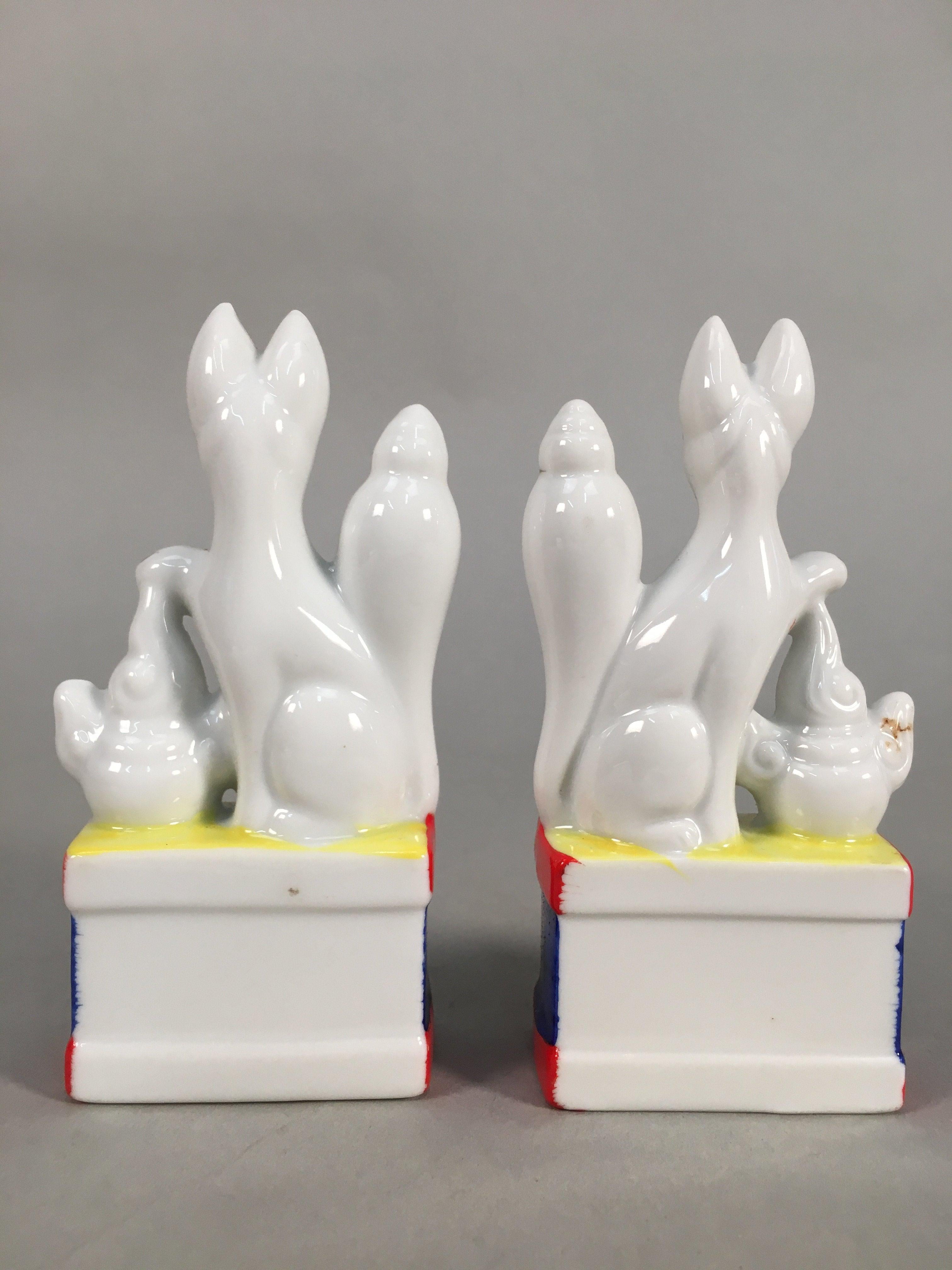Japanese Shinto Altar Fitting Porcelain Fox Figurine Pair Vtg Inari Okimono BD59