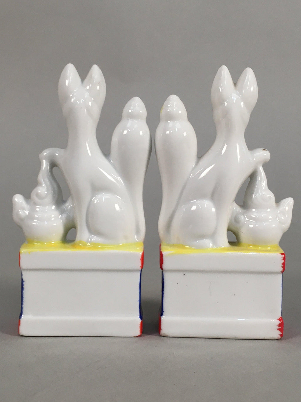 Japanese Shinto Altar Fitting Porcelain Fox Figurine Pair Vtg Inari Okimono BD59