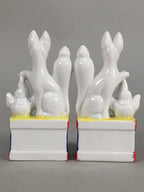 Japanese Shinto Altar Fitting Porcelain Fox Figurine Pair Vtg Inari Okimono BD59