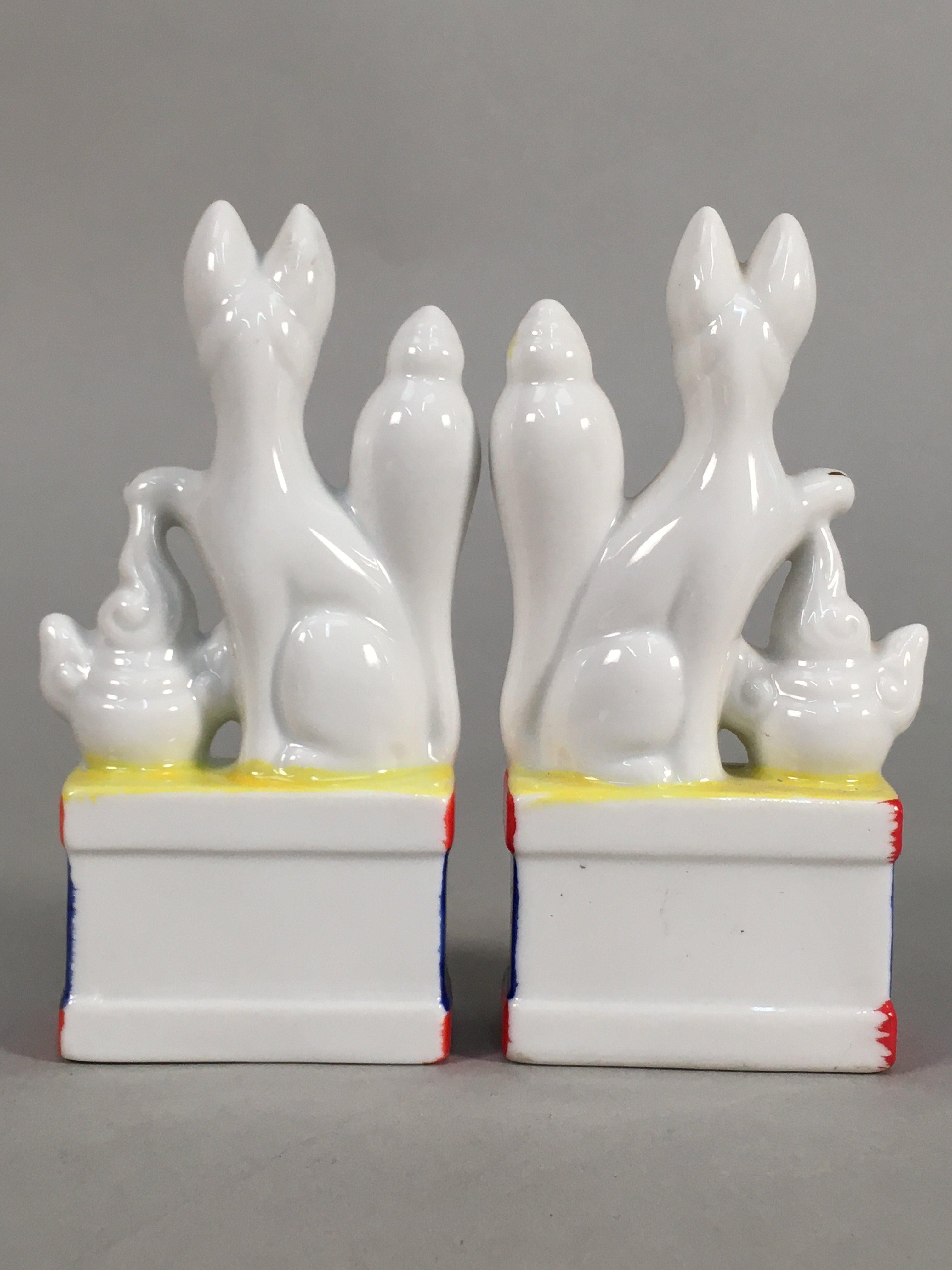 Japanese Shinto Altar Fitting Porcelain Fox Figurine Pair Vtg Inari Okimono BD59