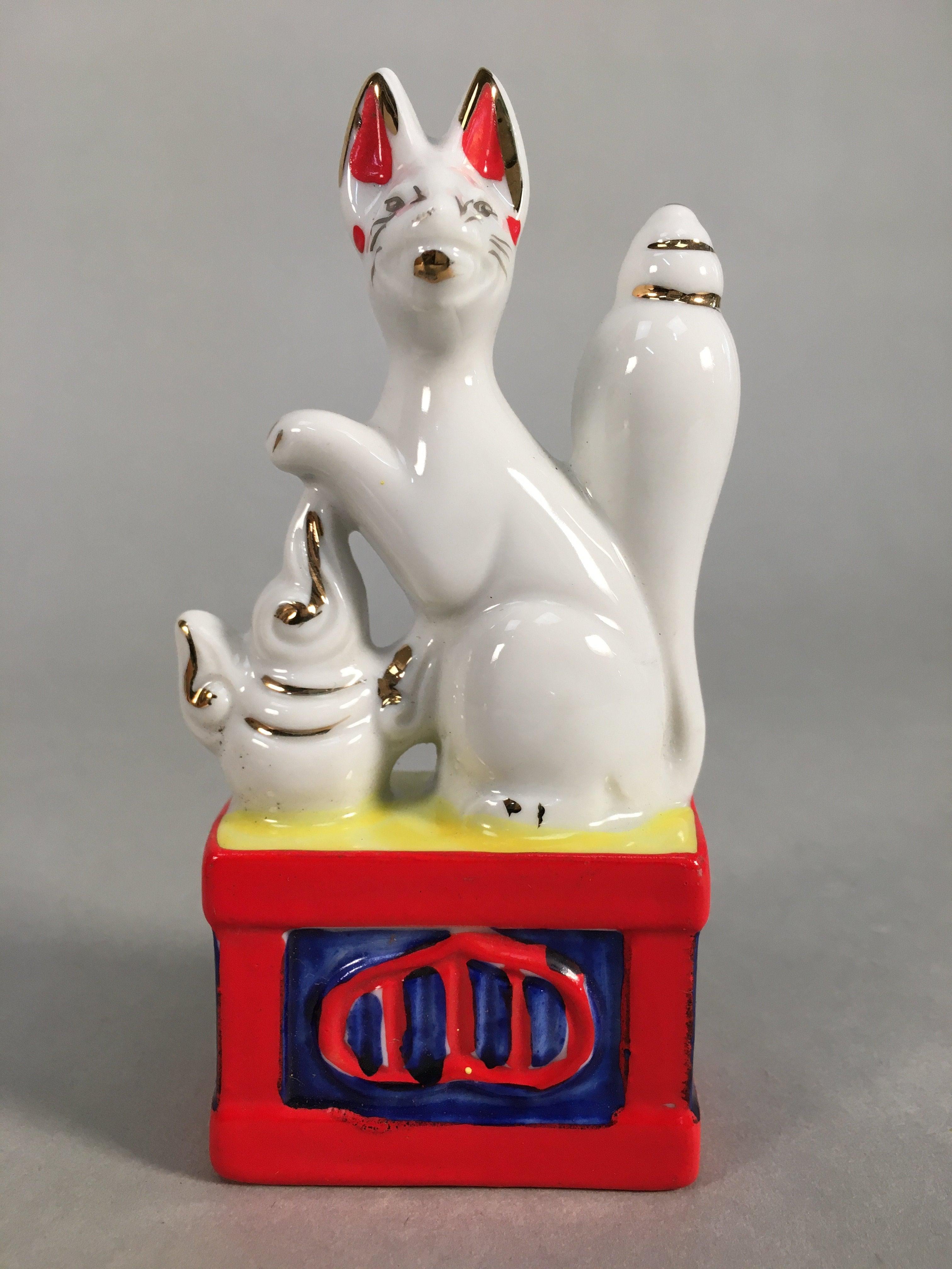 Japanese Shinto Altar Fitting Porcelain Fox Figurine Pair Vtg Inari Okimono BD59