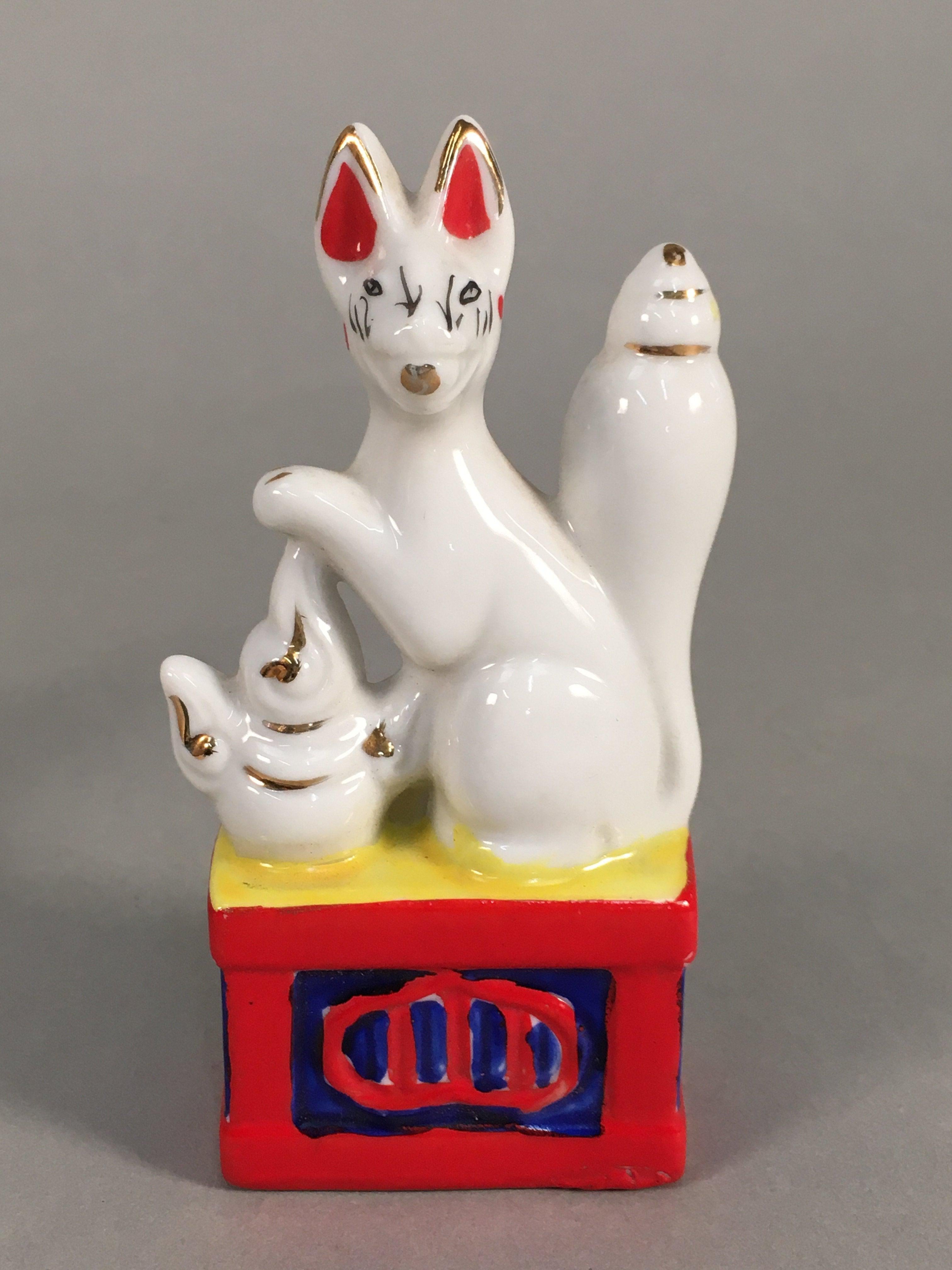 Japanese Shinto Altar Fitting Porcelain Fox Figurine Pair Vtg Inari Okimono BD59