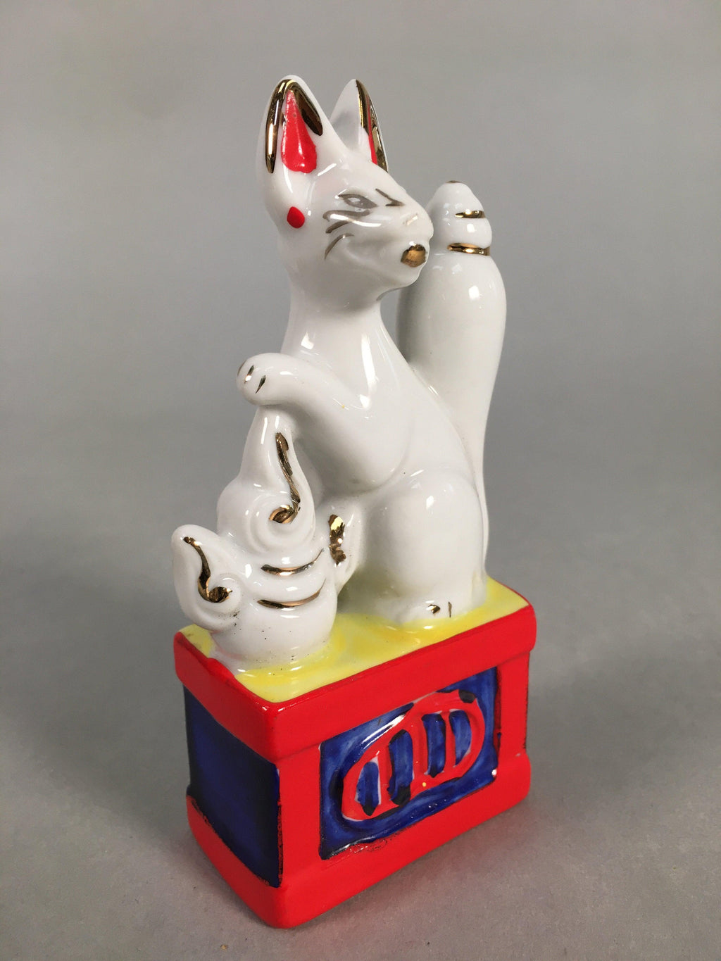 Japanese Shinto Altar Fitting Porcelain Fox Figurine Pair Vtg Inari Okimono BD59