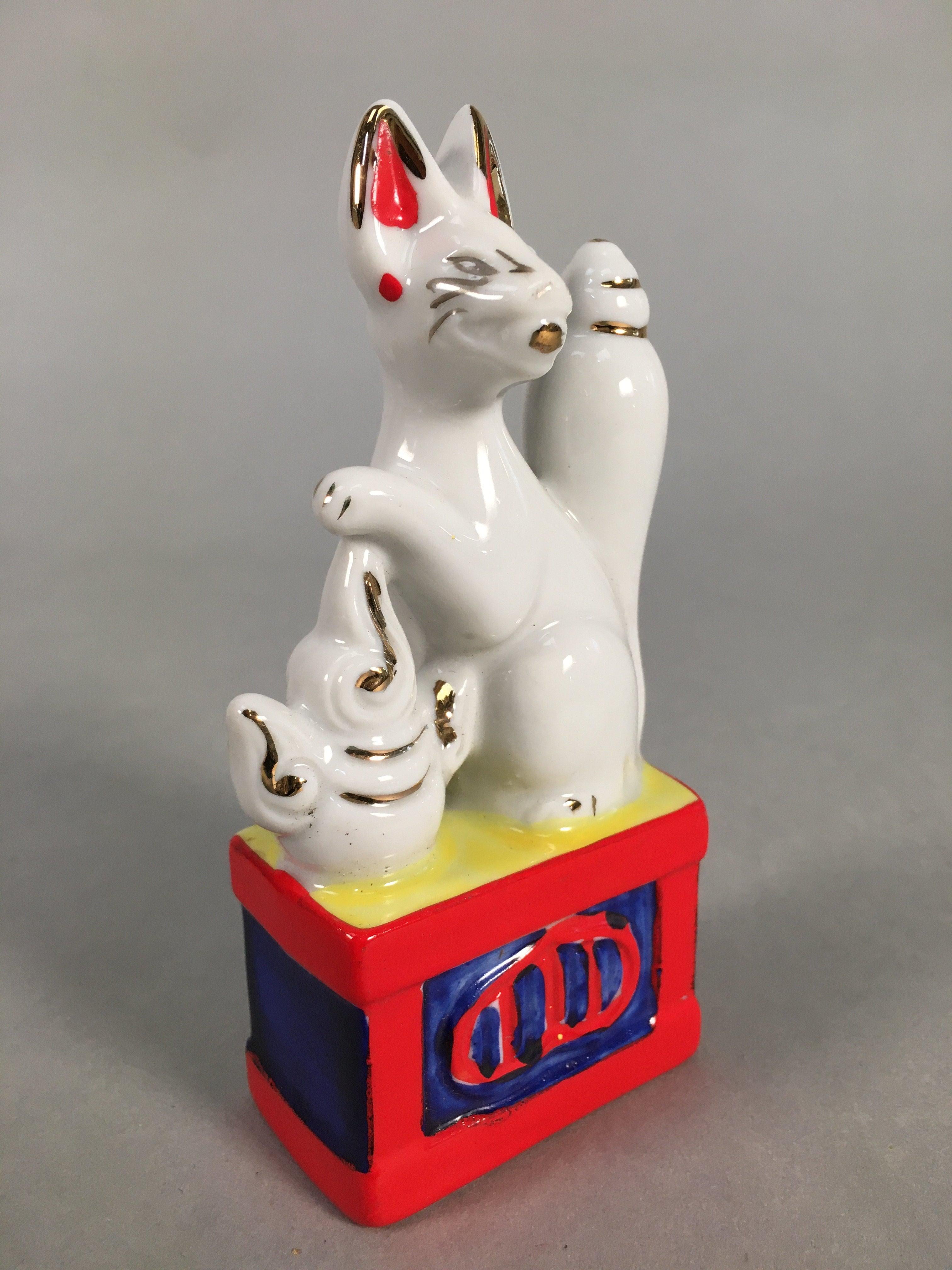 Japanese Shinto Altar Fitting Porcelain Fox Figurine Pair Vtg Inari Okimono BD59