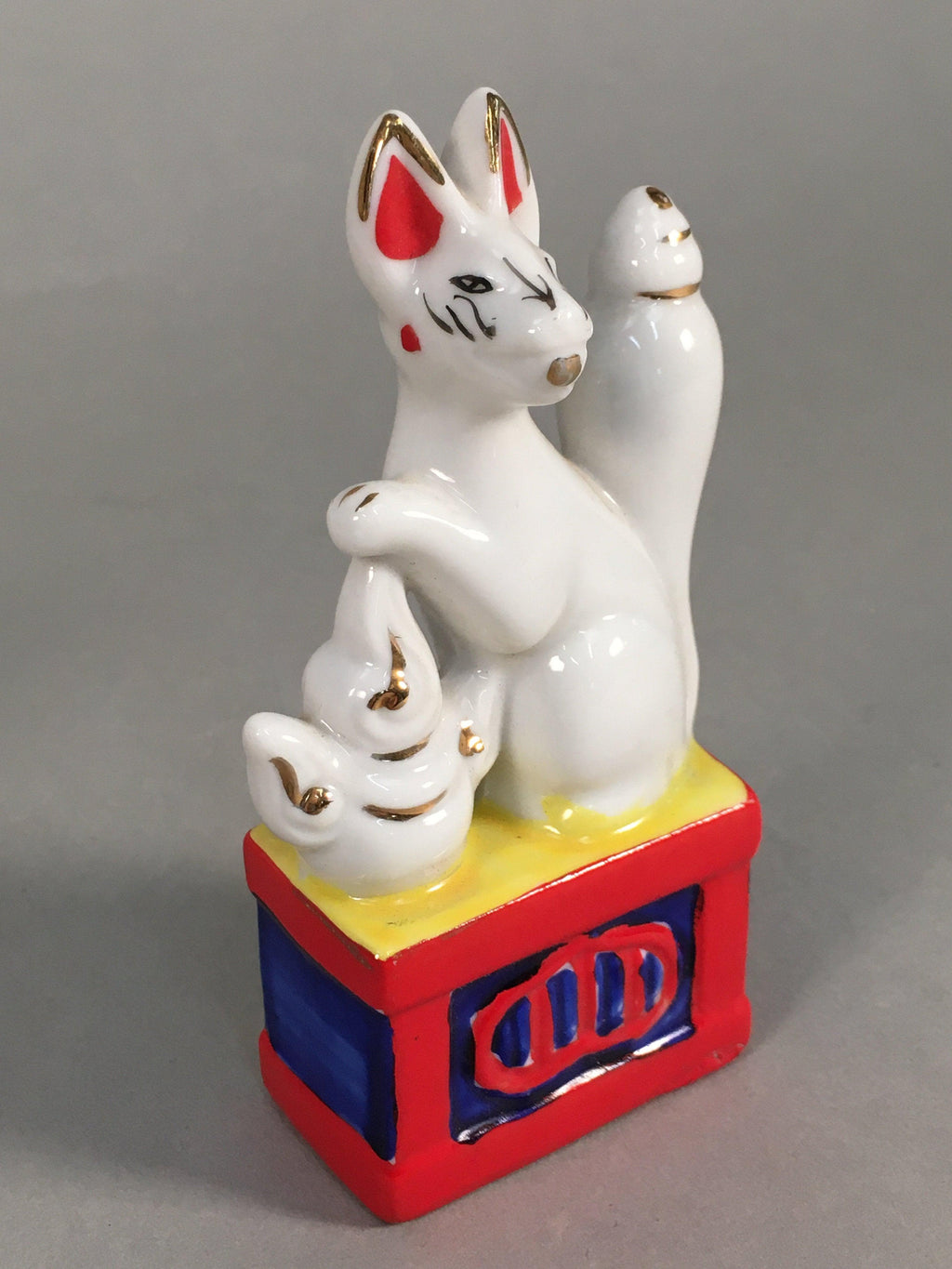 Japanese Shinto Altar Fitting Porcelain Fox Figurine Pair Vtg Inari Okimono BD59