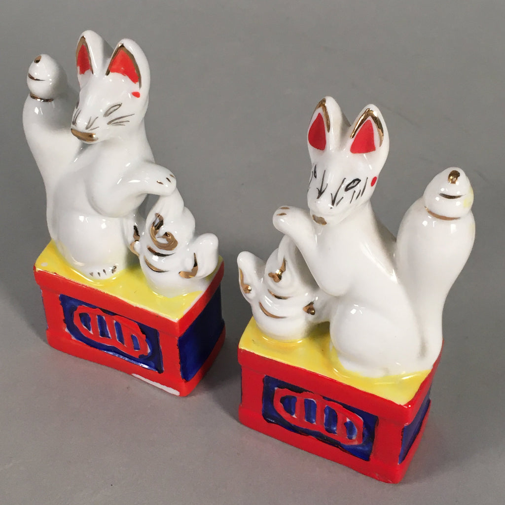 Japanese Shinto Altar Fitting Porcelain Fox Figurine Pair Vtg Inari Okimono BD59
