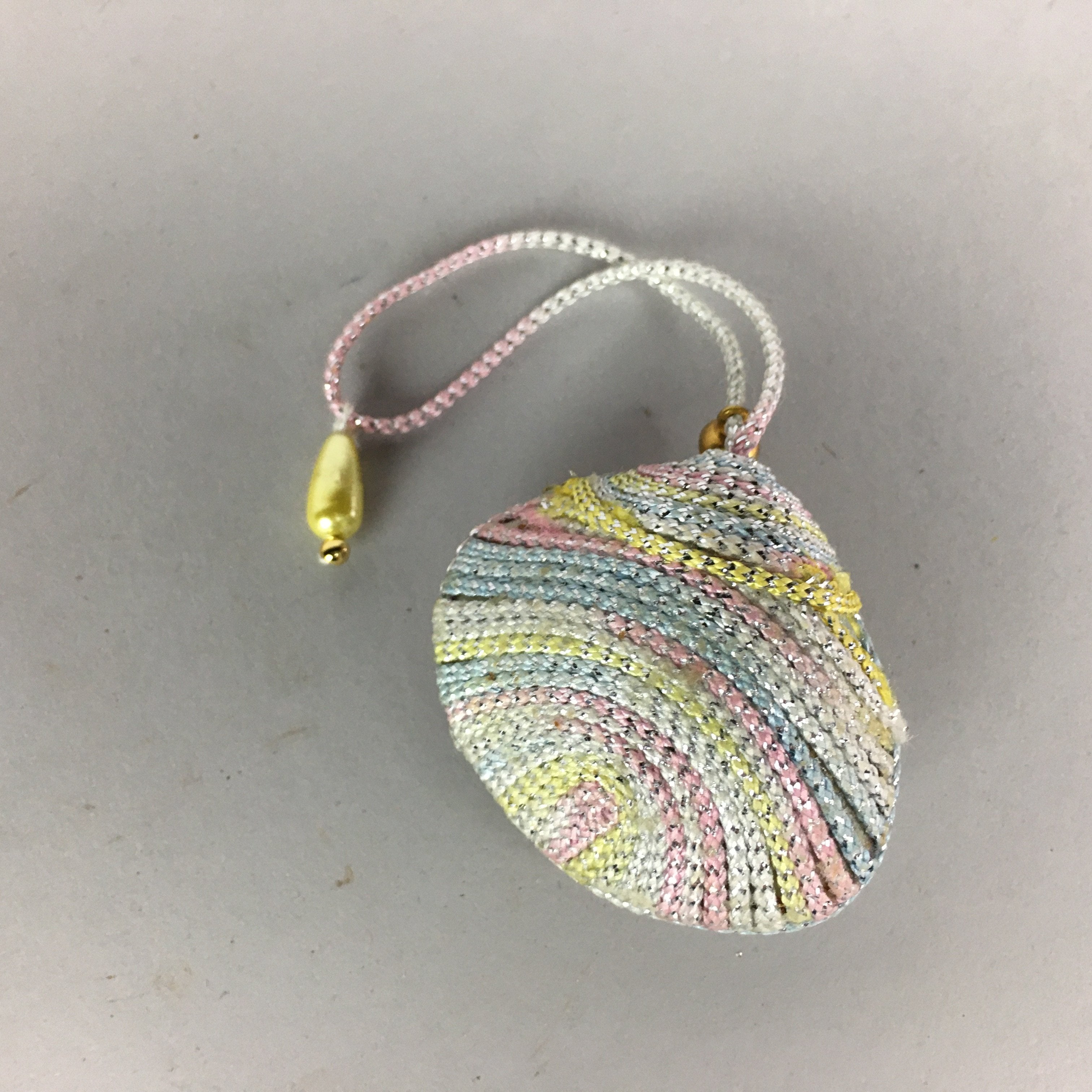 Japanese Silk Clam Shell Charm Bell Kimono Cover Vtg Handmade Ornament JB1