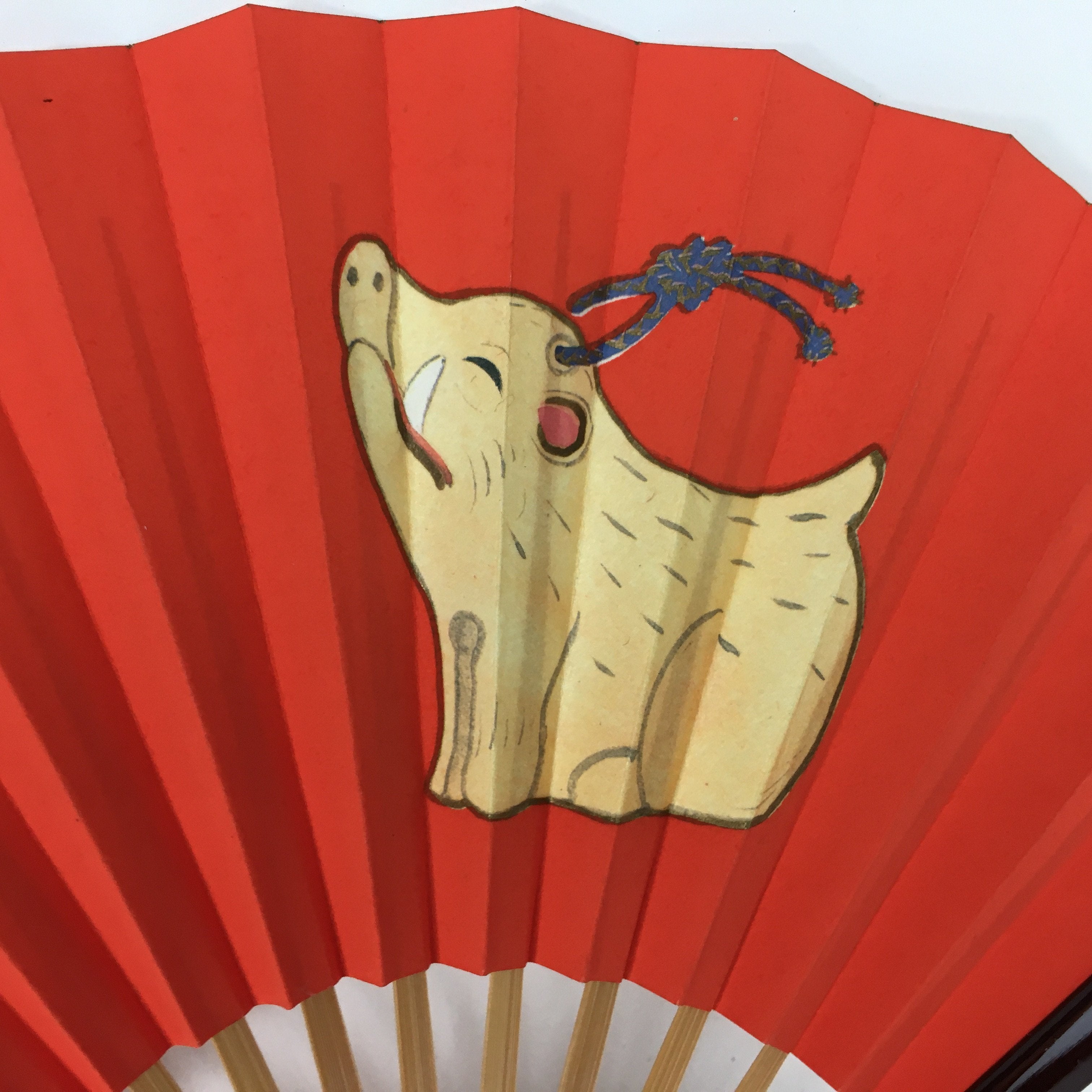 Japanese Small Folding Fan Vtg Sensu Paper Bamboo Frame Red Zodiac Boar 4D494