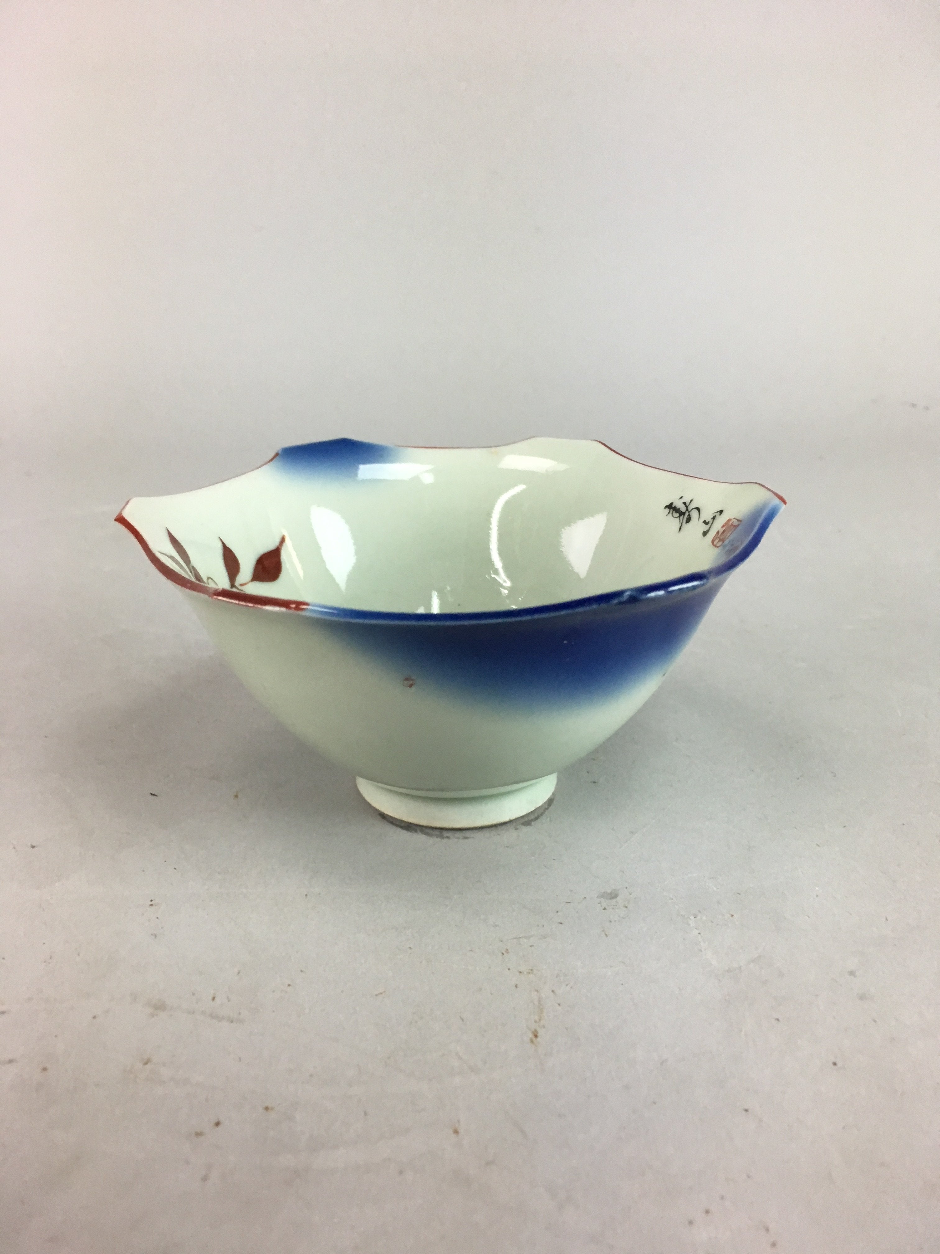 Japanese Small Porcelain 6 Sided Bowl Vtg Kobachi Blue Green Leaf Kanji PT187