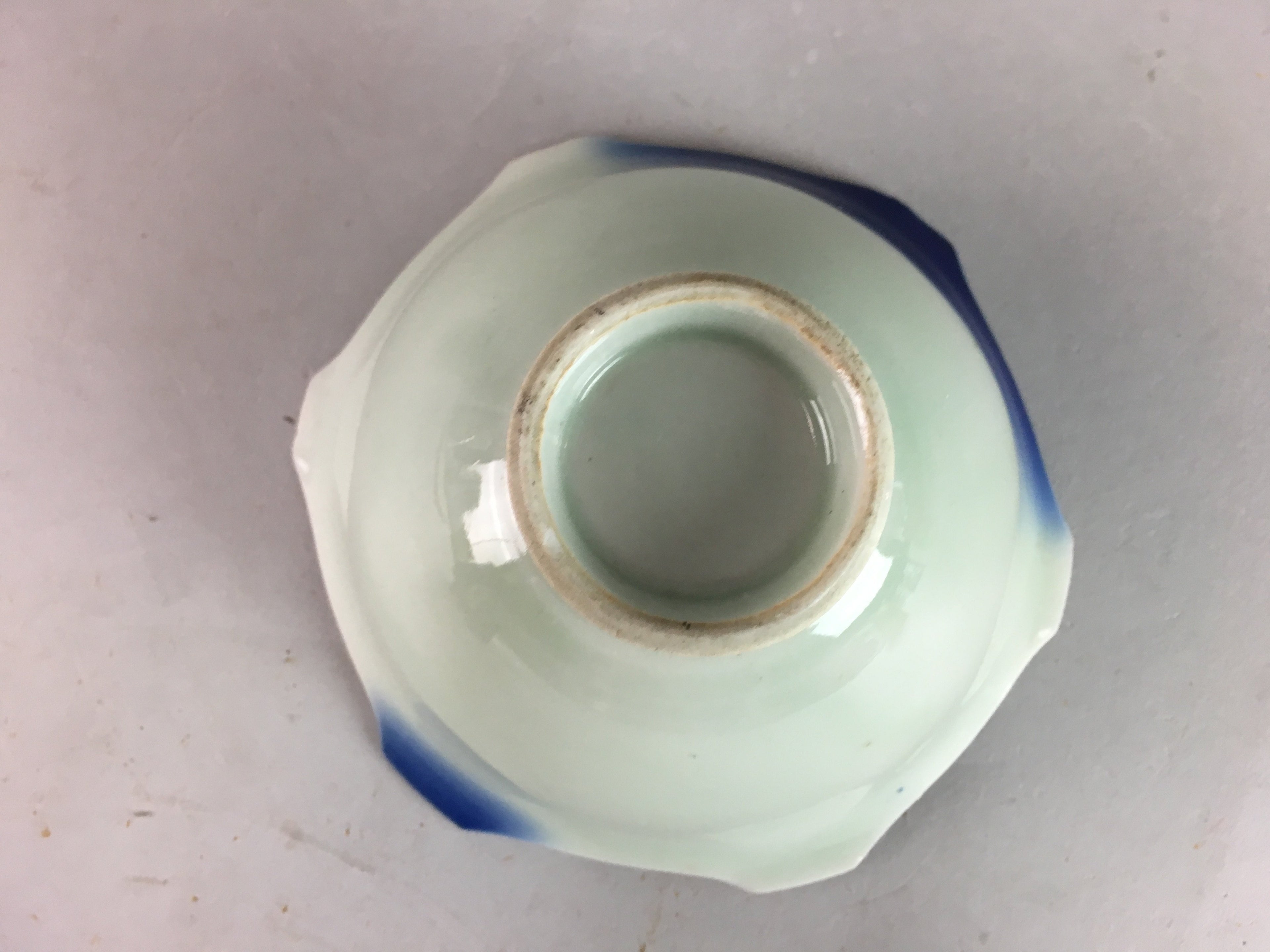 Japanese Small Porcelain 6 Sided Bowl Vtg Kobachi Blue Green Leaf Kanji PT187