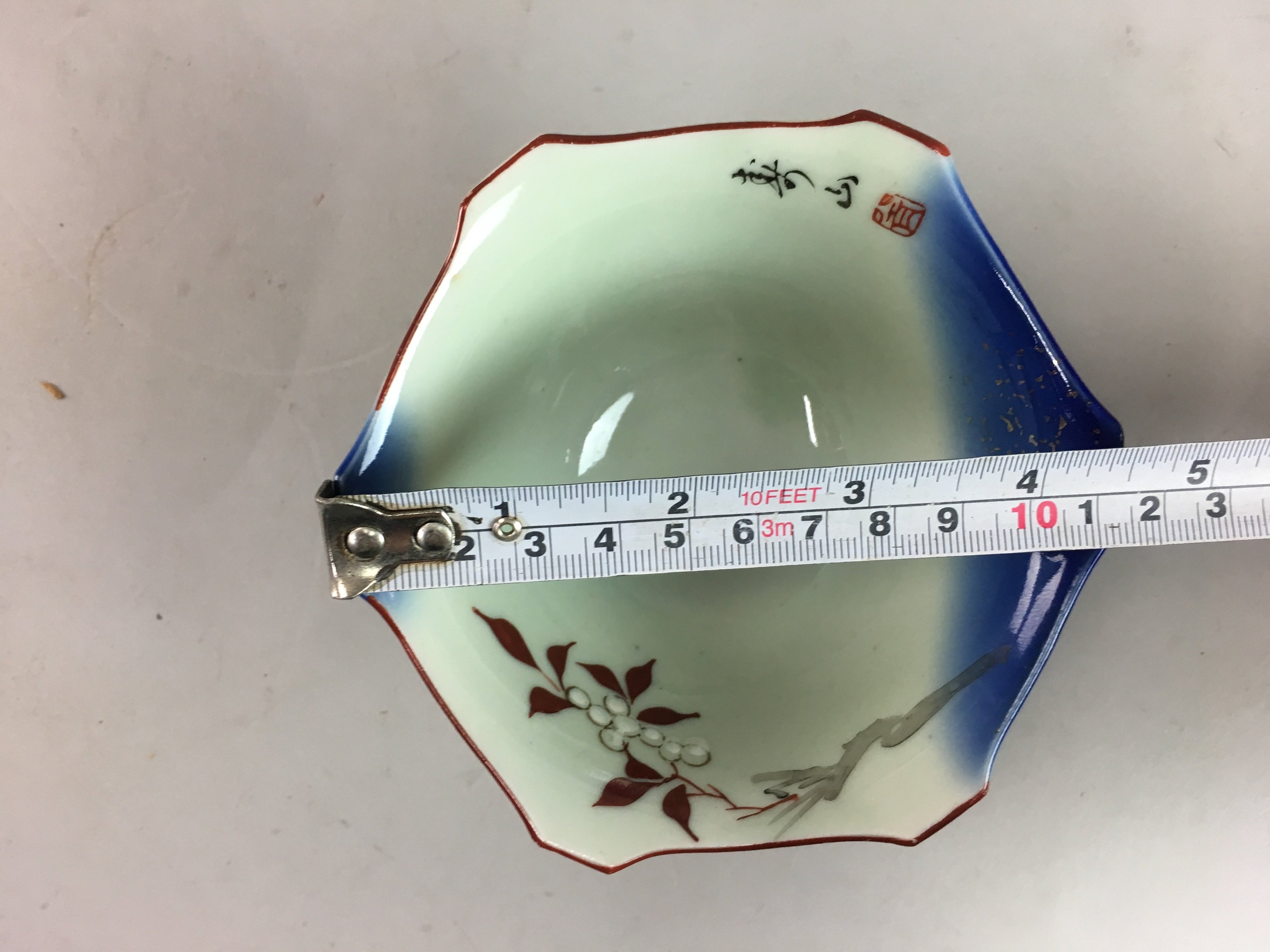Japanese Small Porcelain 6 Sided Bowl Vtg Kobachi Blue Green Leaf Kanji PT187
