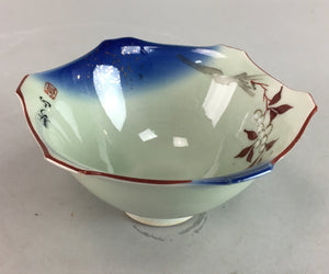 Japanese Small Porcelain 6 Sided Bowl Vtg Kobachi Blue Green Leaf Kanji PT187