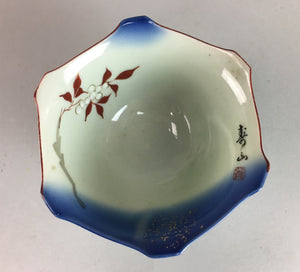 Japanese Small Porcelain 6 Sided Bowl Vtg Kobachi Blue Green Leaf Kanji PT195