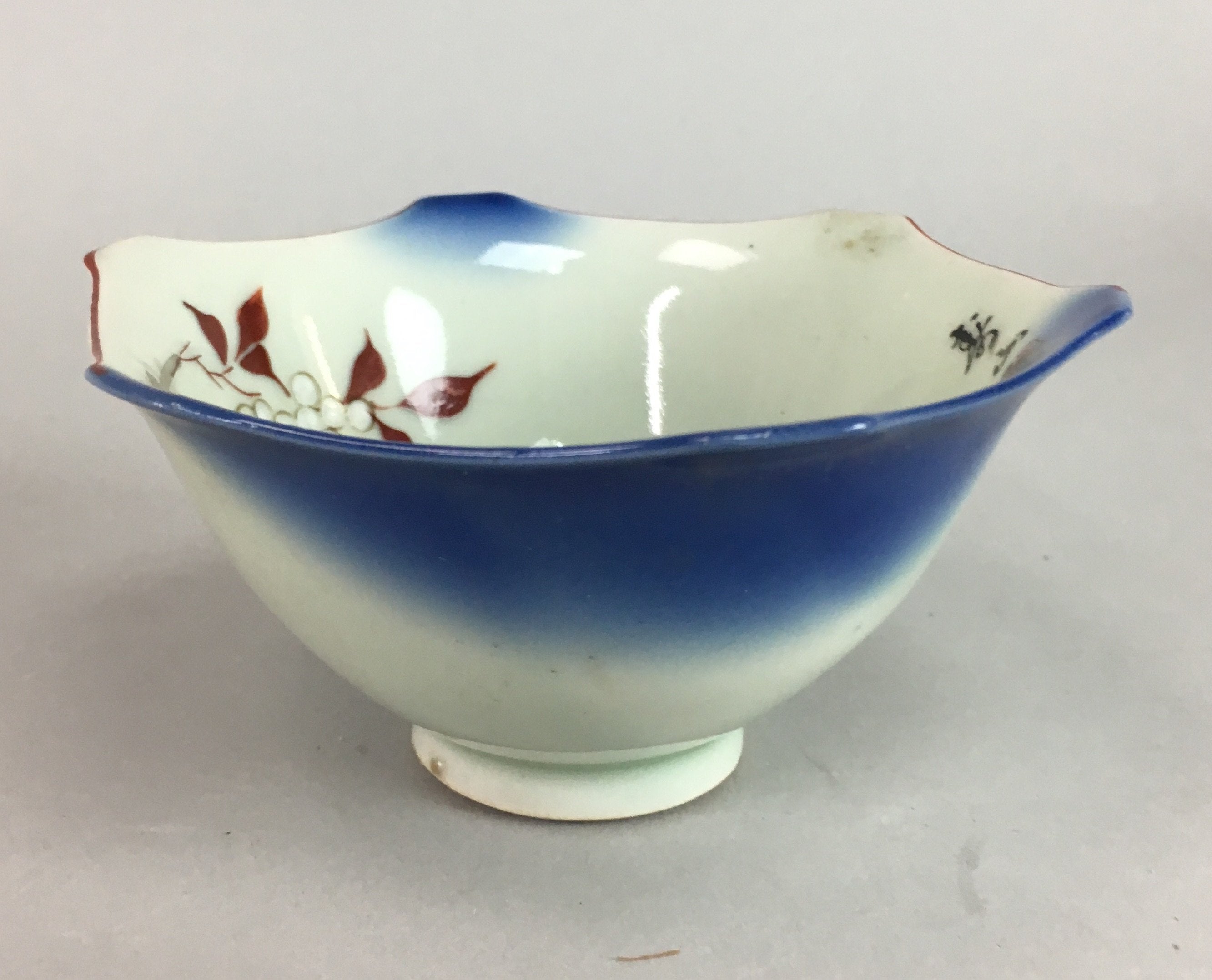 Japanese Small Porcelain 6 Sided Bowl Vtg Kobachi Blue Green Leaf Kanji PT195