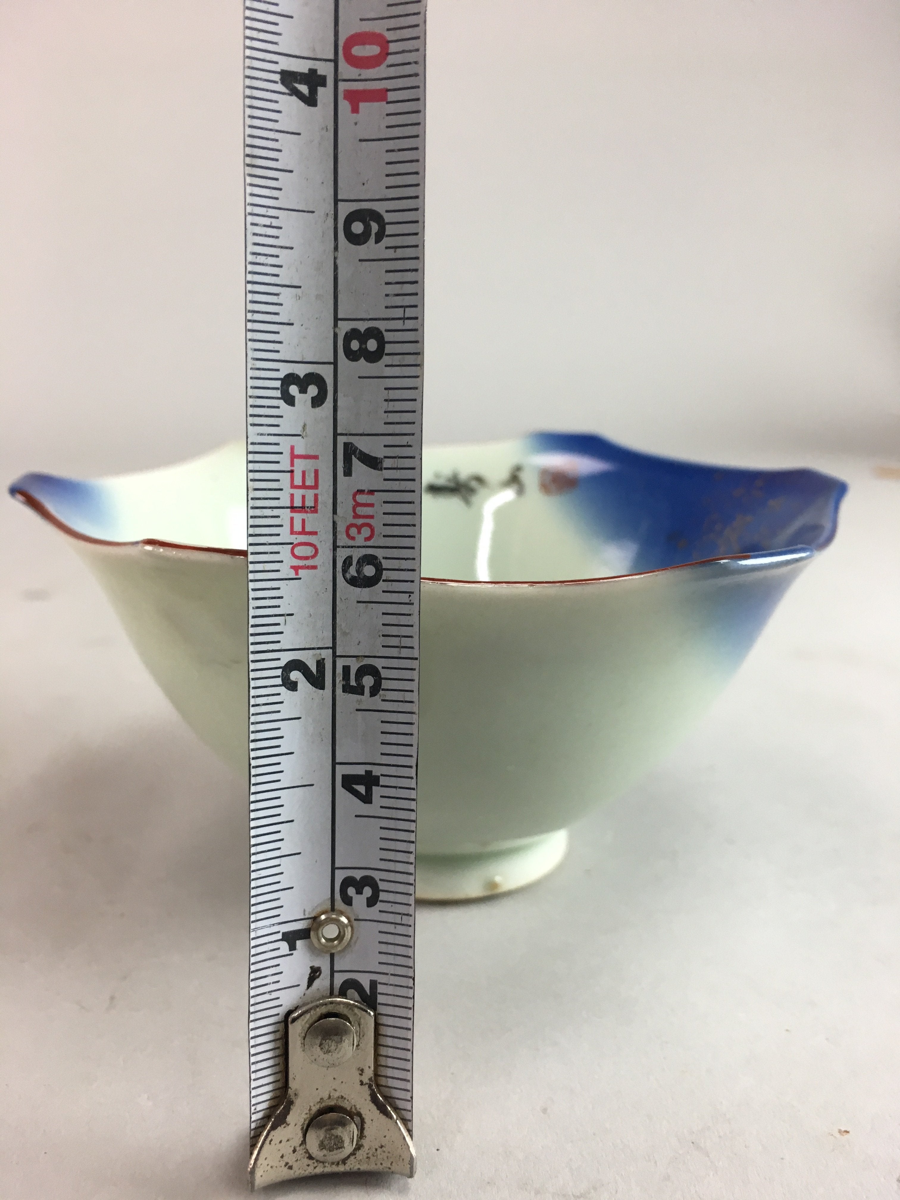 Japanese Small Porcelain 6 Sided Bowl Vtg Kobachi Blue Green Leaf Kanji PT195