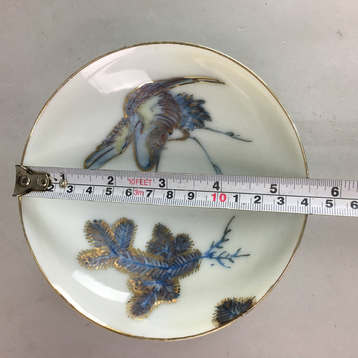 Japanese Sometsuke Porcelain Bowl Vtg Owan Gold Crane Pine tree Kanji PT305