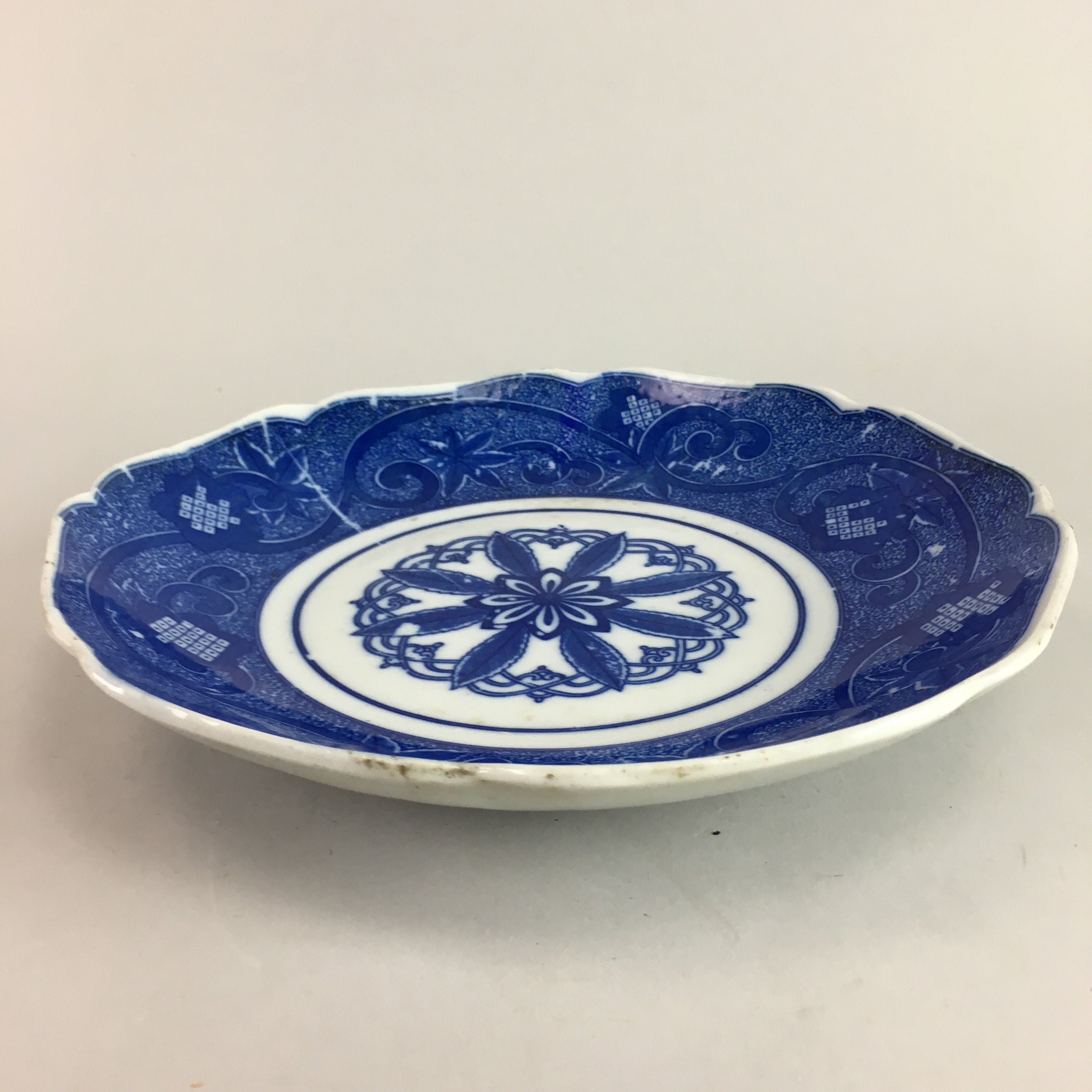 Japanese Sometsuke Porcelain Plate Vtg Floral Flower Vine Leaf Blue White PT490