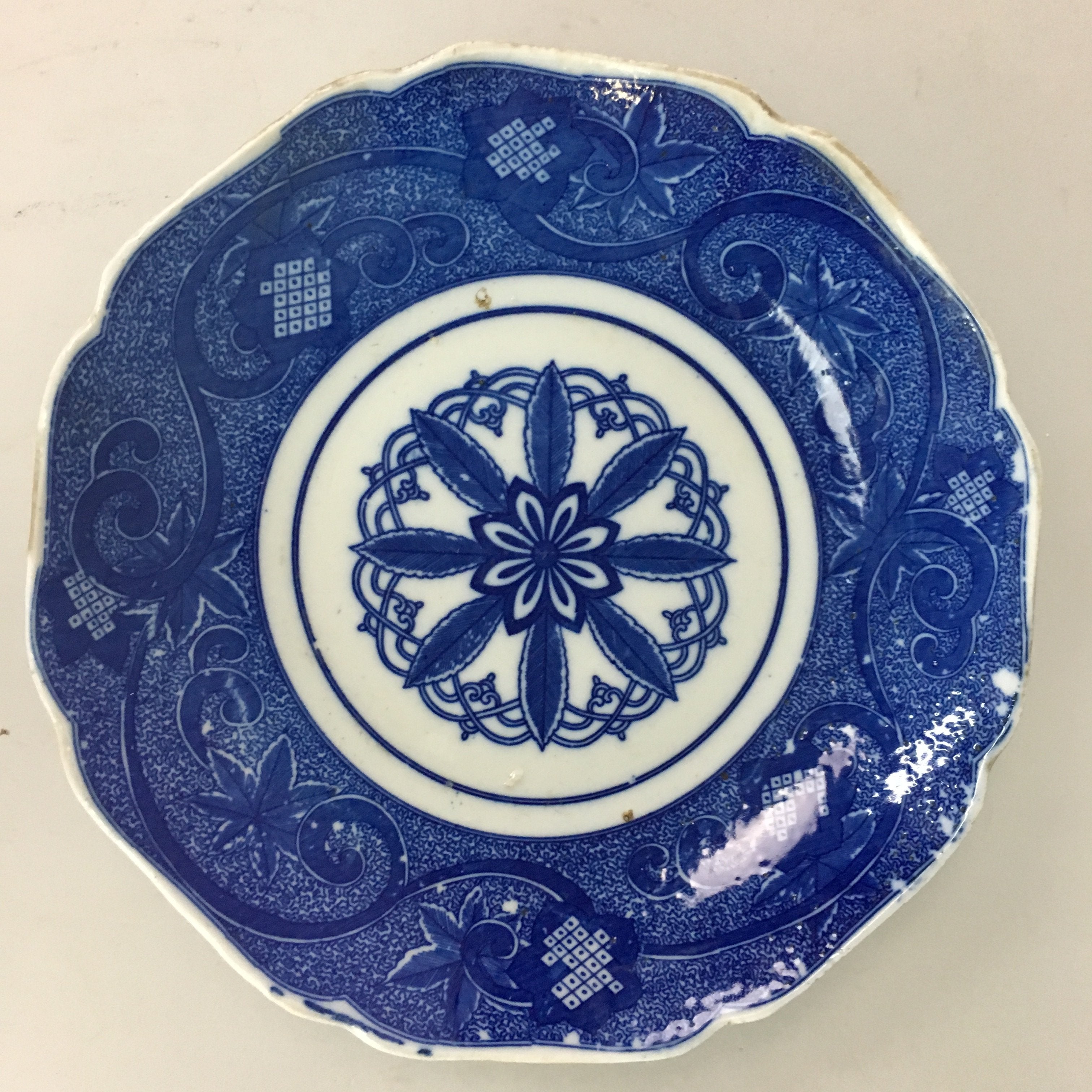 Japanese Sometsuke Porcelain Plate Vtg Floral Flower Vine Leaf Blue White PT504