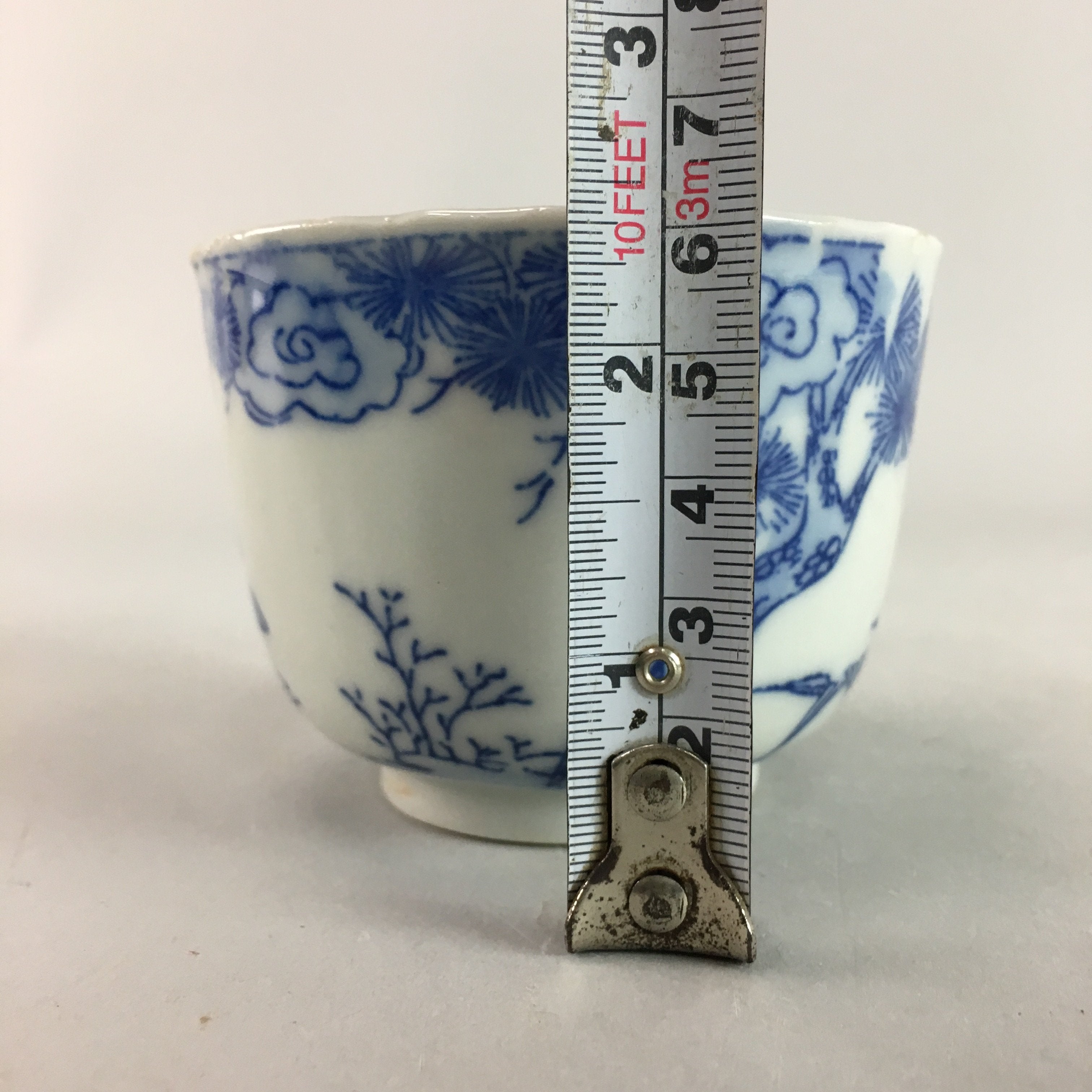 Japanese Sometsuke Porcelain Teacup Vtg Yunomi Sencha Blue Floral Design PT388