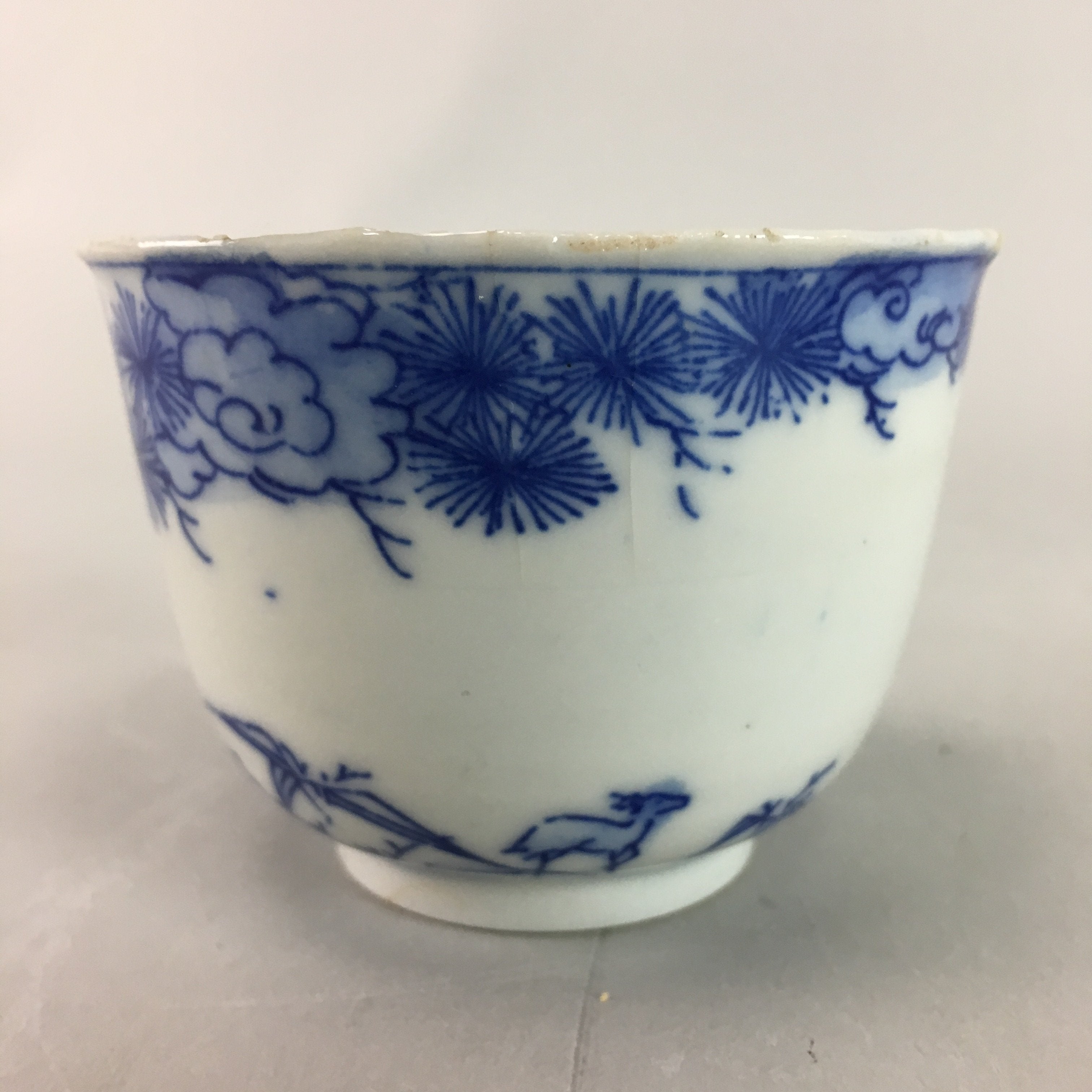 Japanese Sometsuke Porcelain Teacup Vtg Yunomi Sencha Blue Floral Design PT389