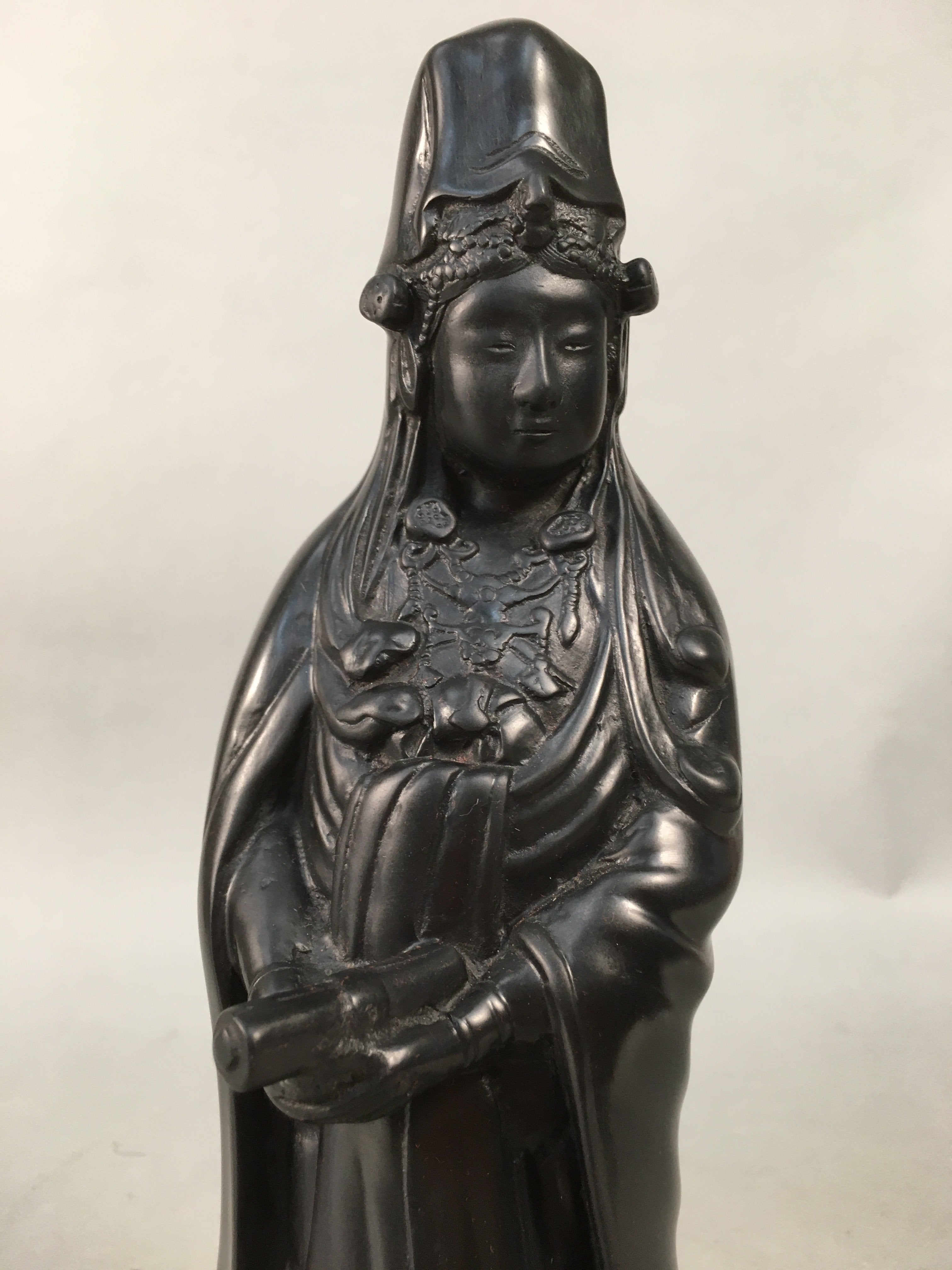 Japanese Stone Buddhist Statue Vtg Female Kannon Bosatsu Black BD607