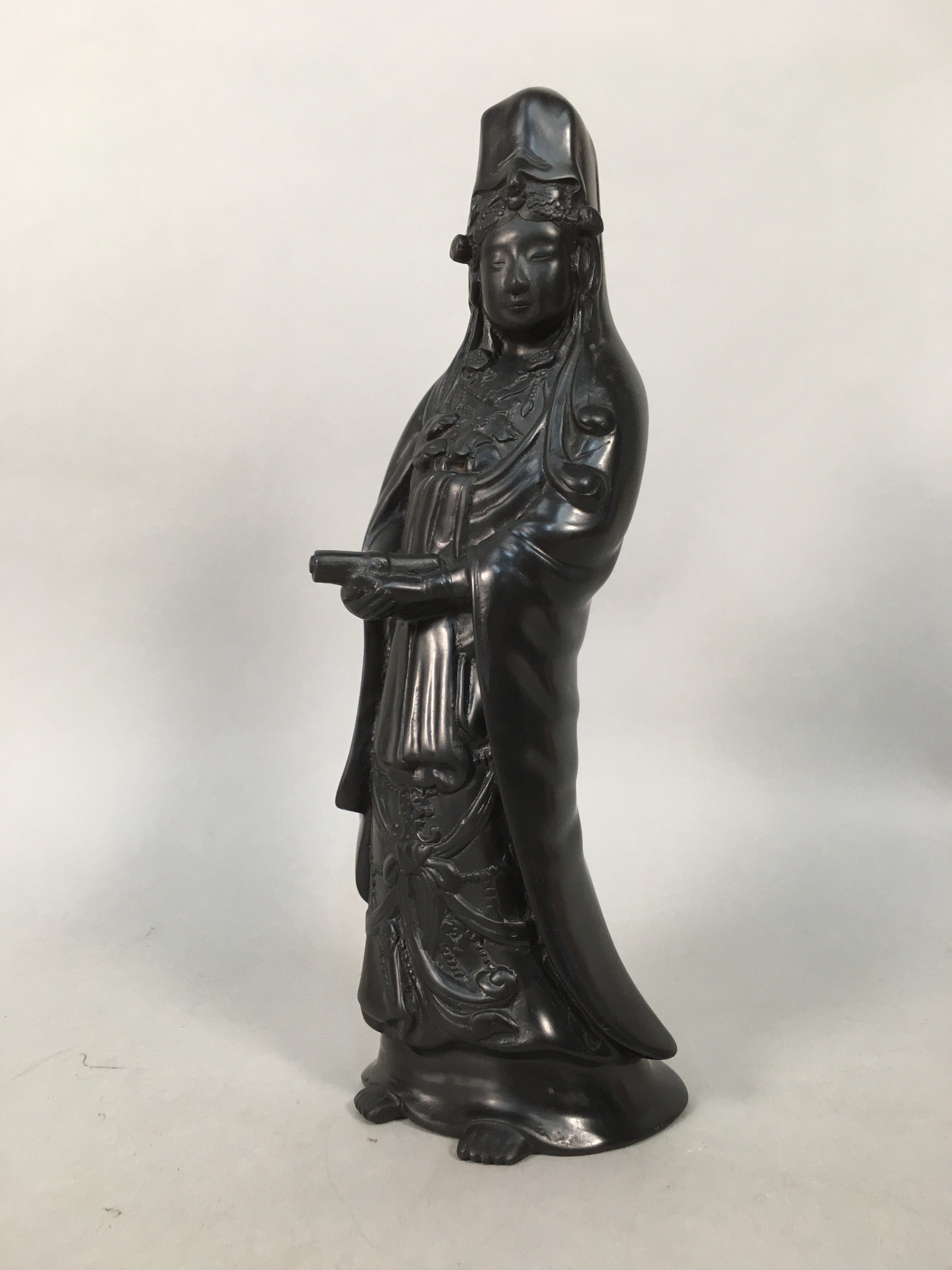 Japanese Stone Buddhist Statue Vtg Female Kannon Bosatsu Black BD607