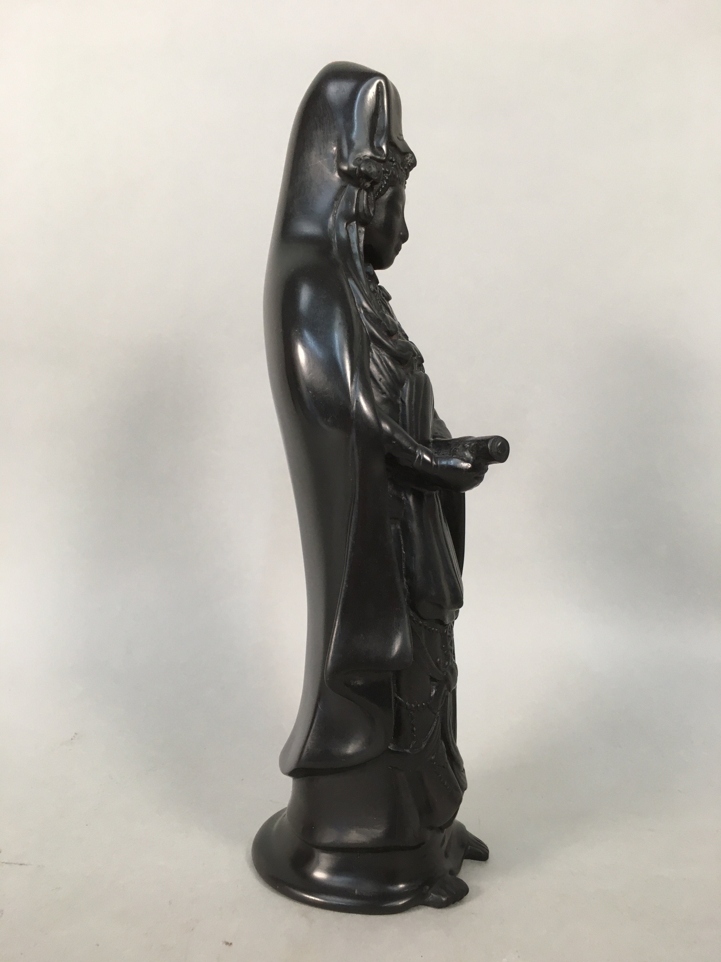 Japanese Stone Buddhist Statue Vtg Female Kannon Bosatsu Black BD607