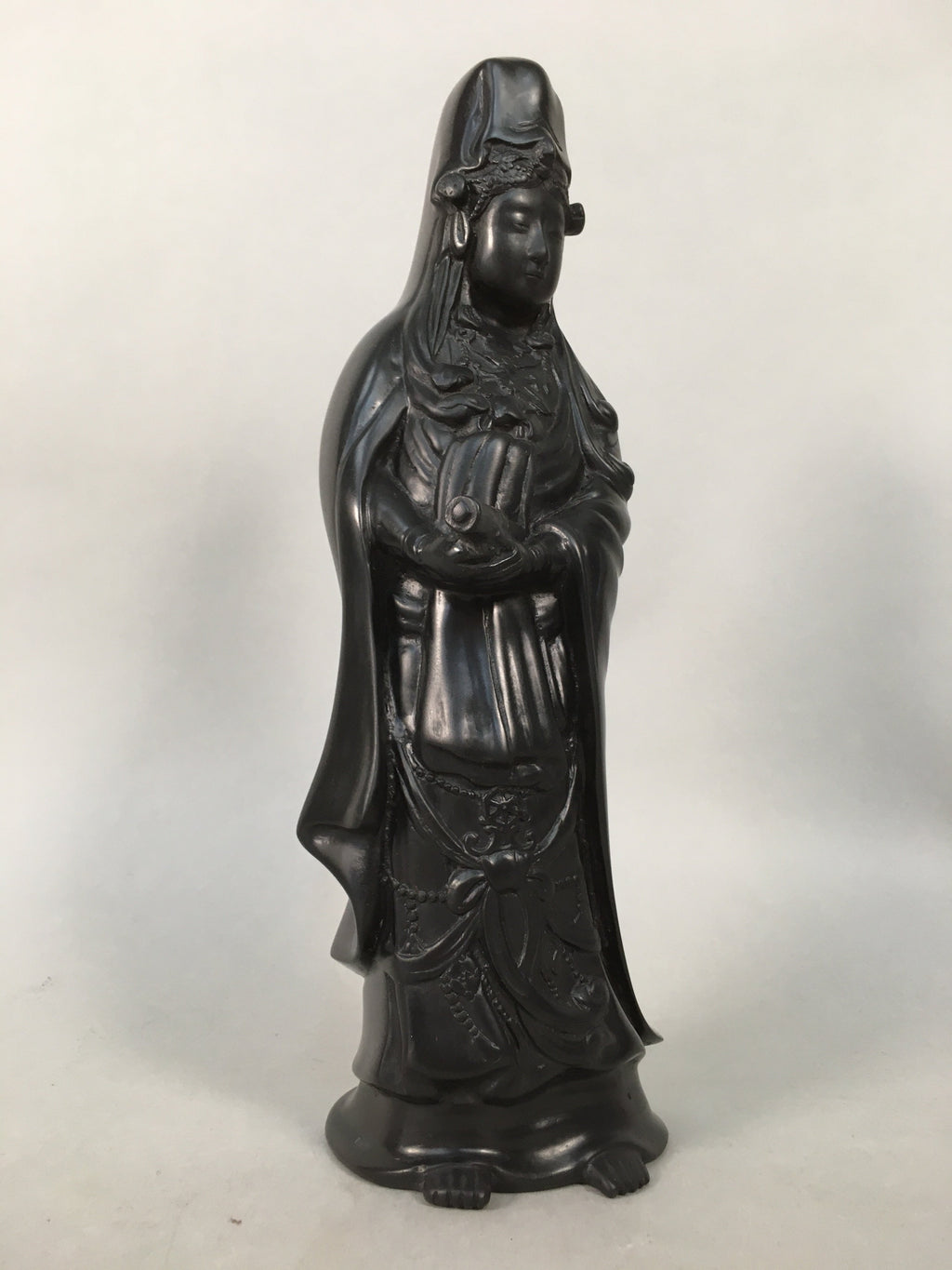 Japanese Stone Buddhist Statue Vtg Female Kannon Bosatsu Black BD607