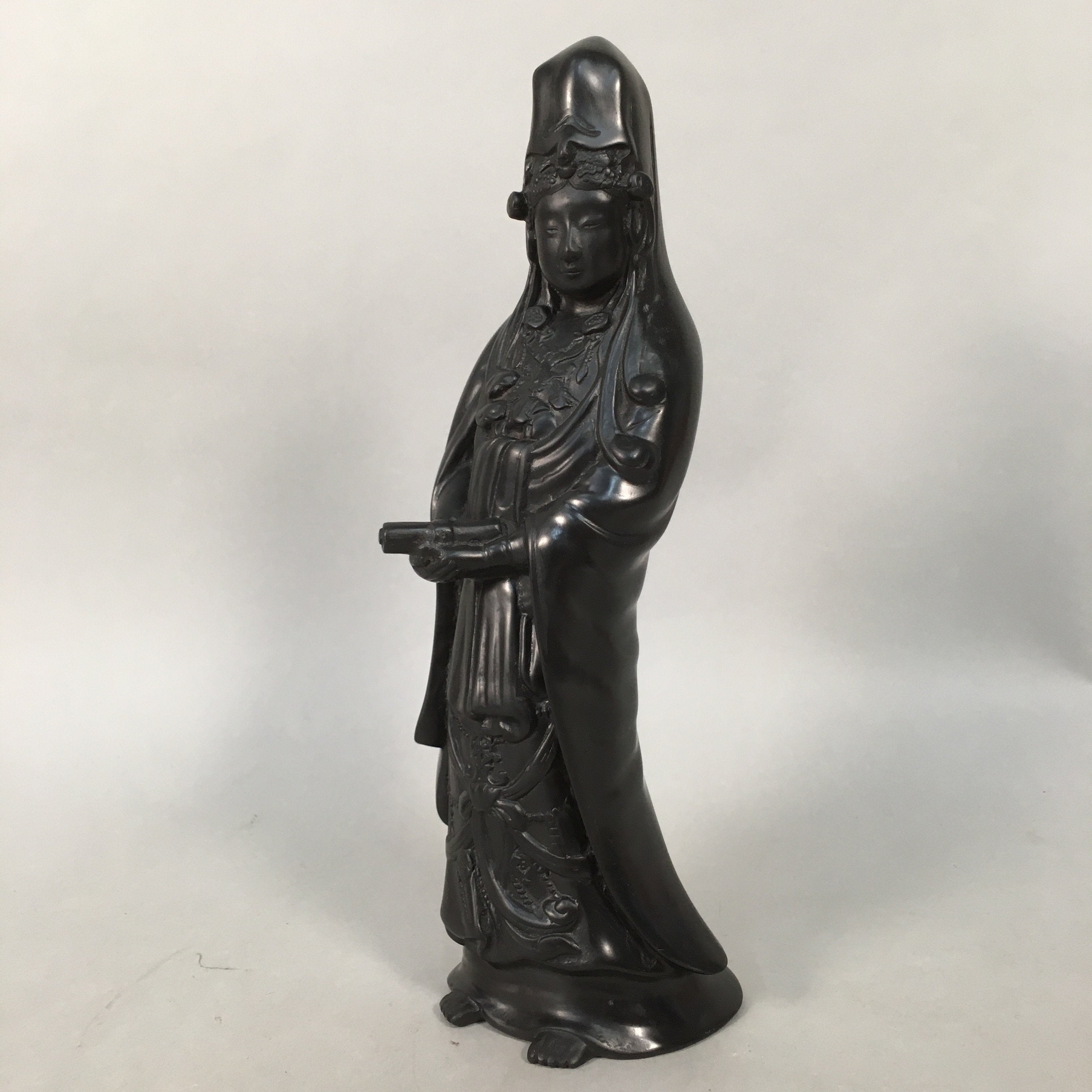 Japanese Stone Buddhist Statue Vtg Female Kannon Bosatsu Black BD607
