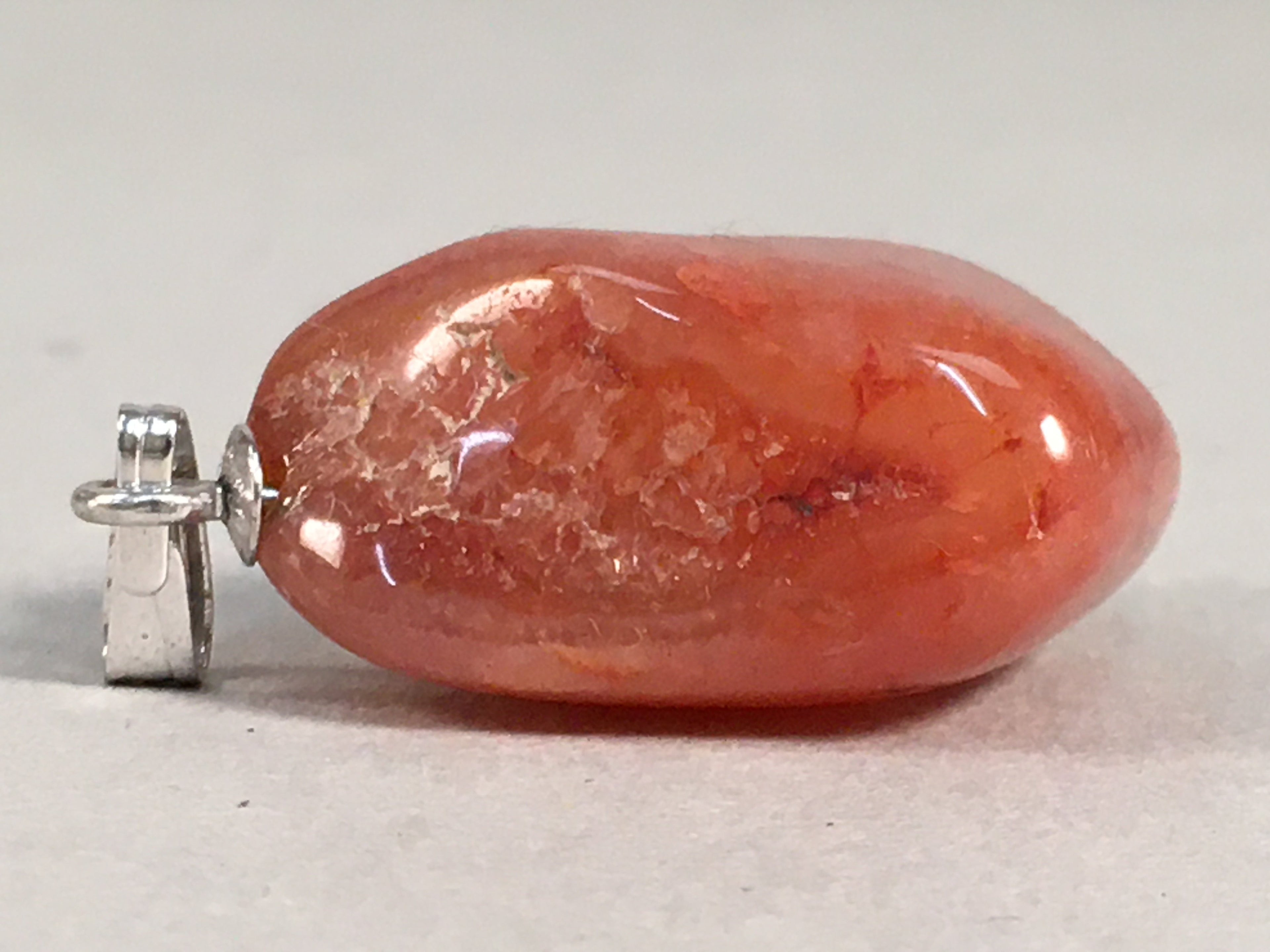 Japanese Stone Pendant Vtg Red Shiny Natural Brown Silver Parts JK55
