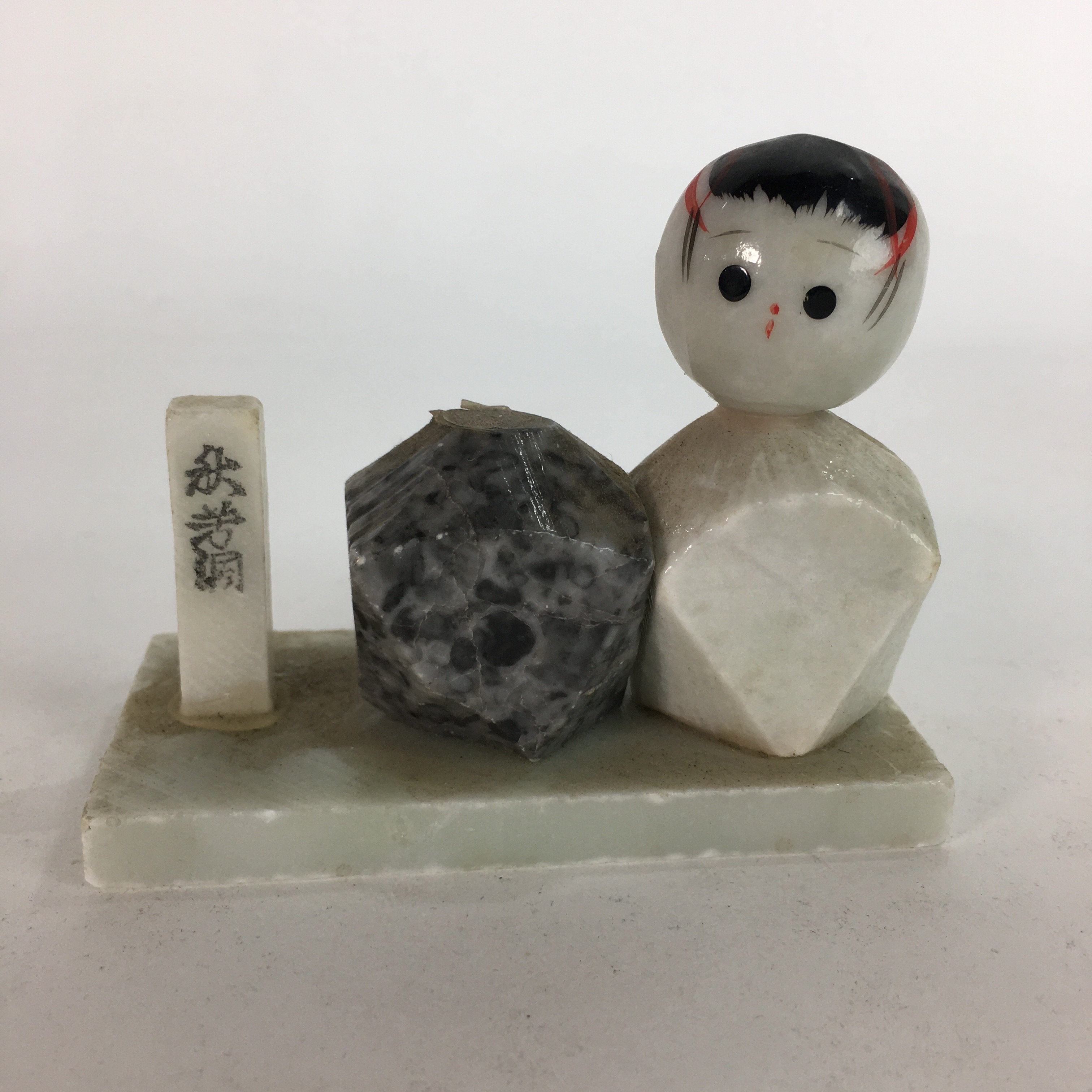 Japanese Stone Sculpture Figurine Vtg Kokeshi doll Gray White Stone Kids KF569