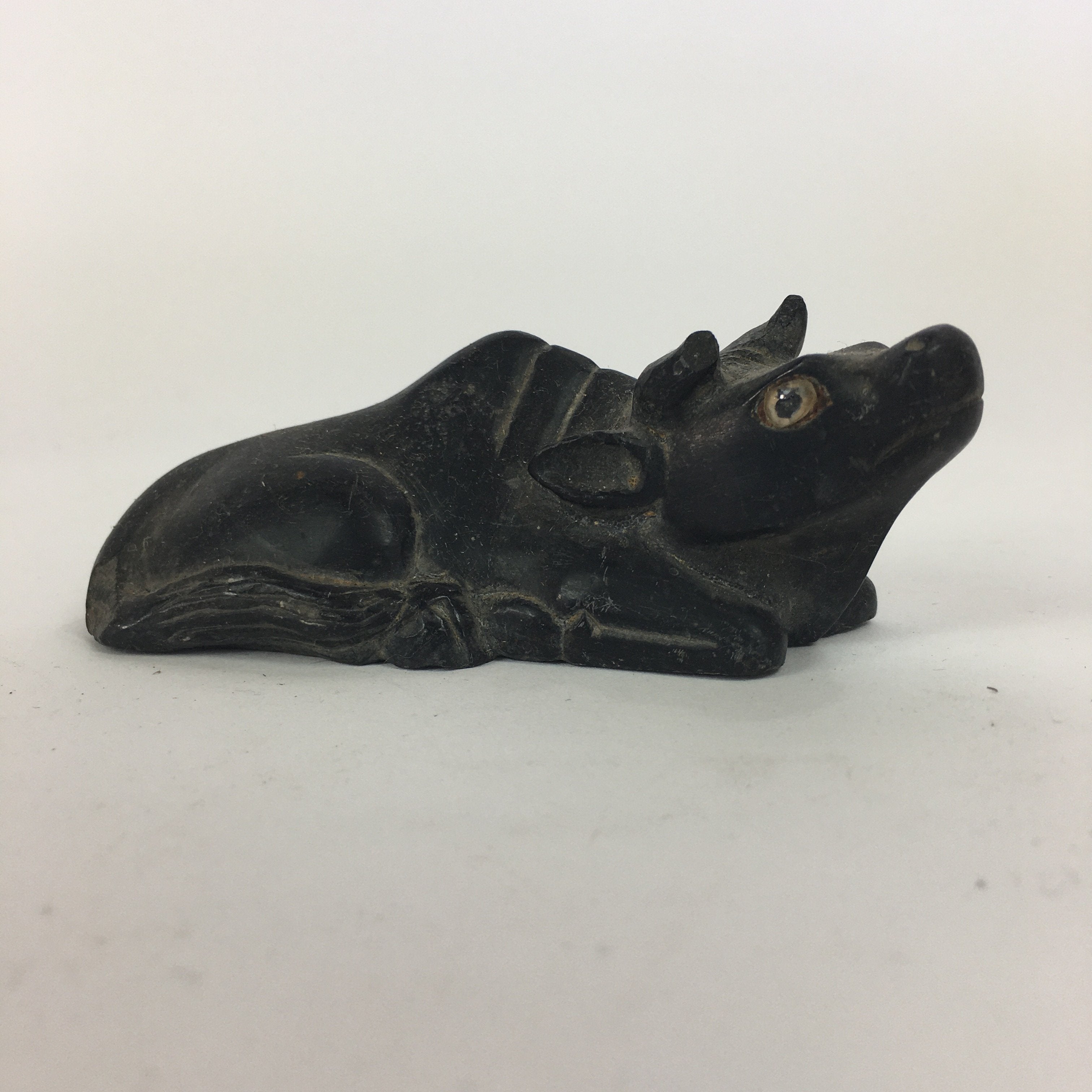 Japanese Stone Zodiac Cow Doll Vtg Lucky Charm Paperweight Figurine Black BD689