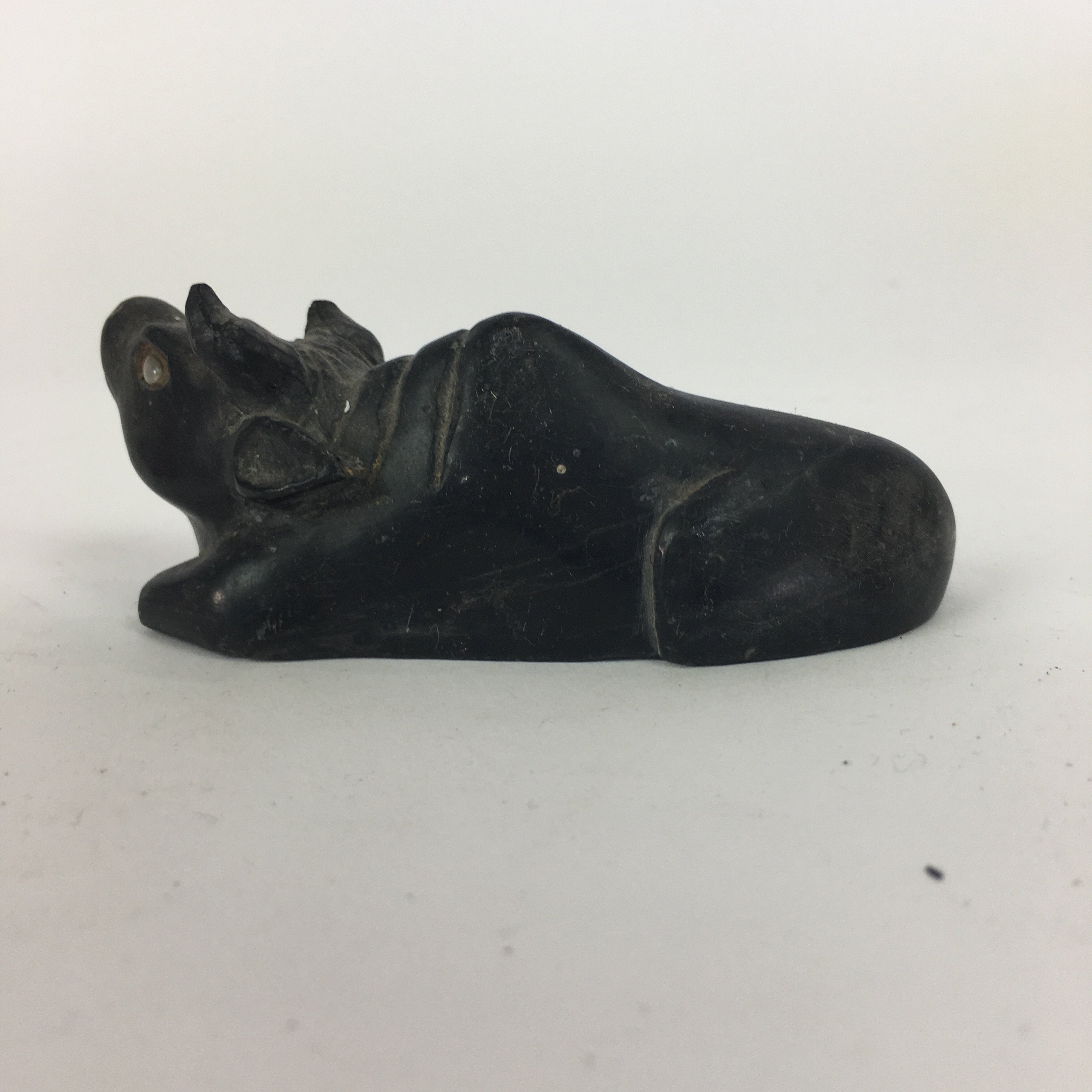 Japanese Stone Zodiac Cow Doll Vtg Lucky Charm Paperweight Figurine Black BD689