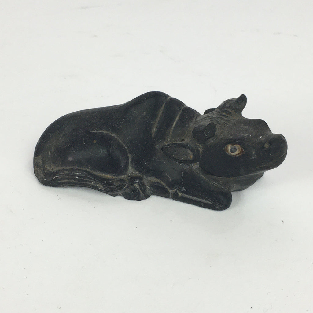 Japanese Stone Zodiac Cow Doll Vtg Lucky Charm Paperweight Figurine Black BD689