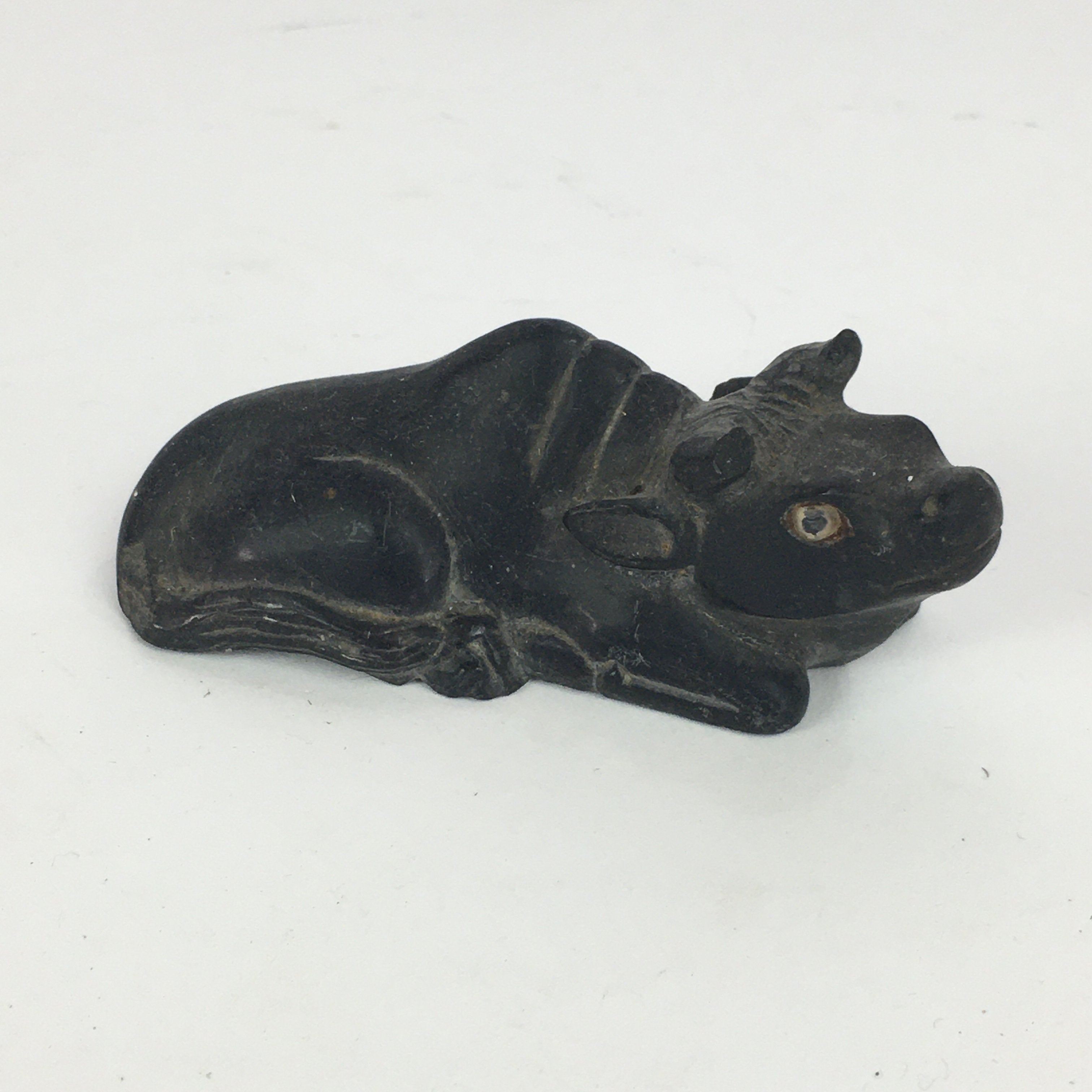 Japanese Stone Zodiac Cow Doll Vtg Lucky Charm Paperweight Figurine Black BD689