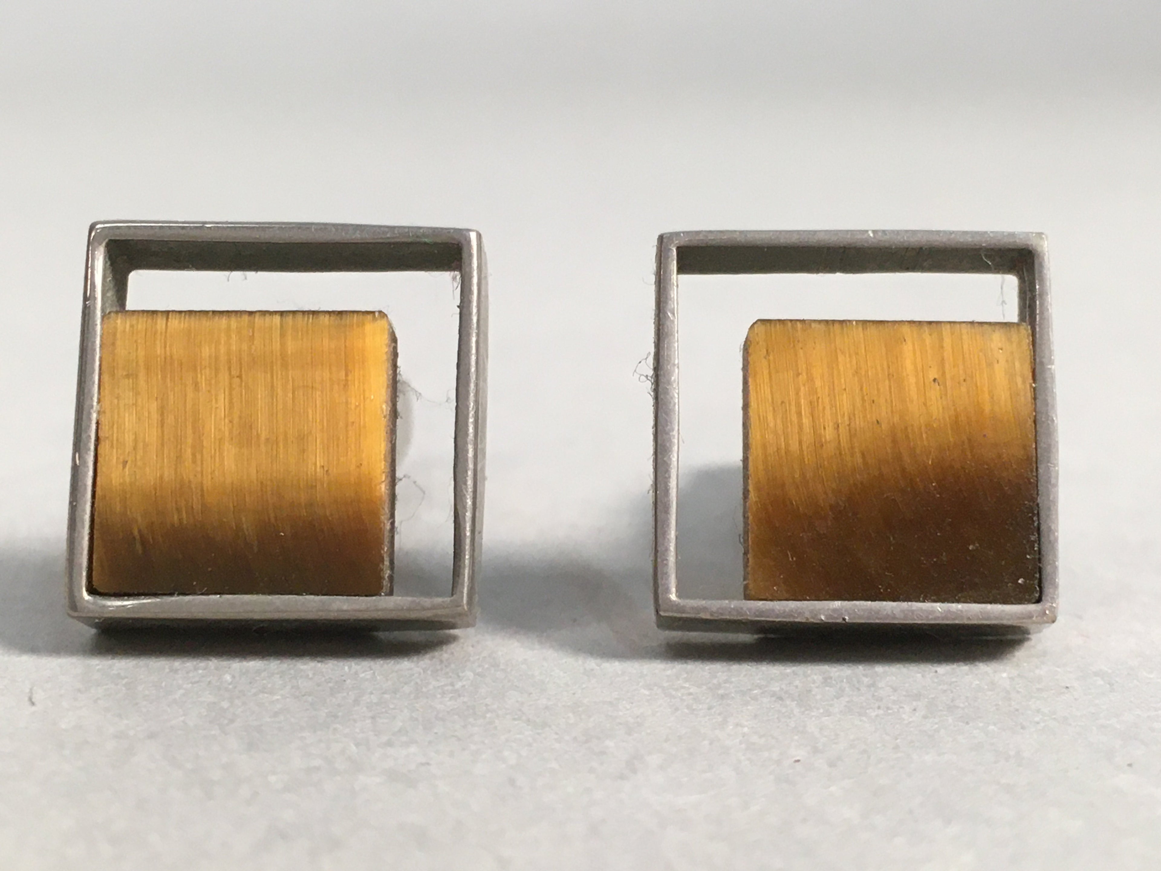 Japanese Swivel Cufflinks Pair Vtg Shirt Accessory Square Metal Silver Brown JK1