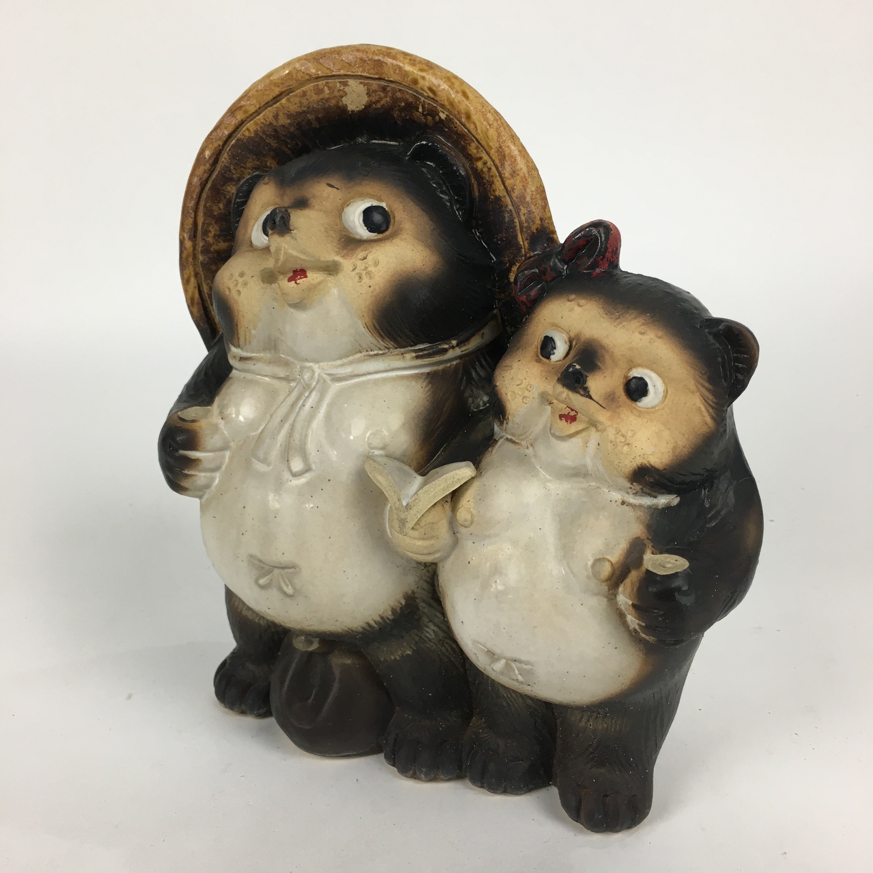 Japanese Tanuki Ceramic Raccoon Dog Couple Shigaraki ware Vtg Pottery BD770