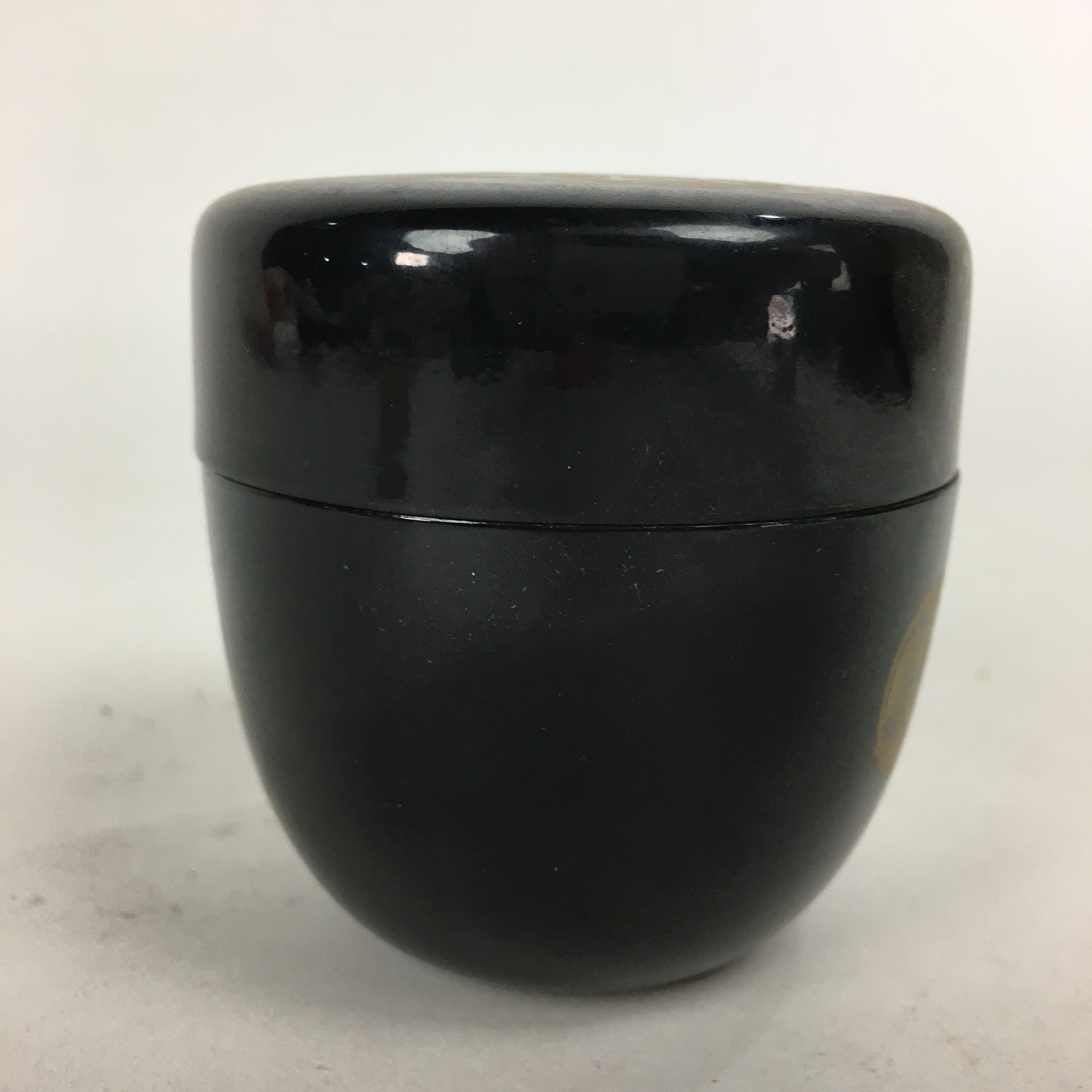 Japanese Tea Caddy Vtg Natsume Lacquerware Replica Black Crest Design NM84