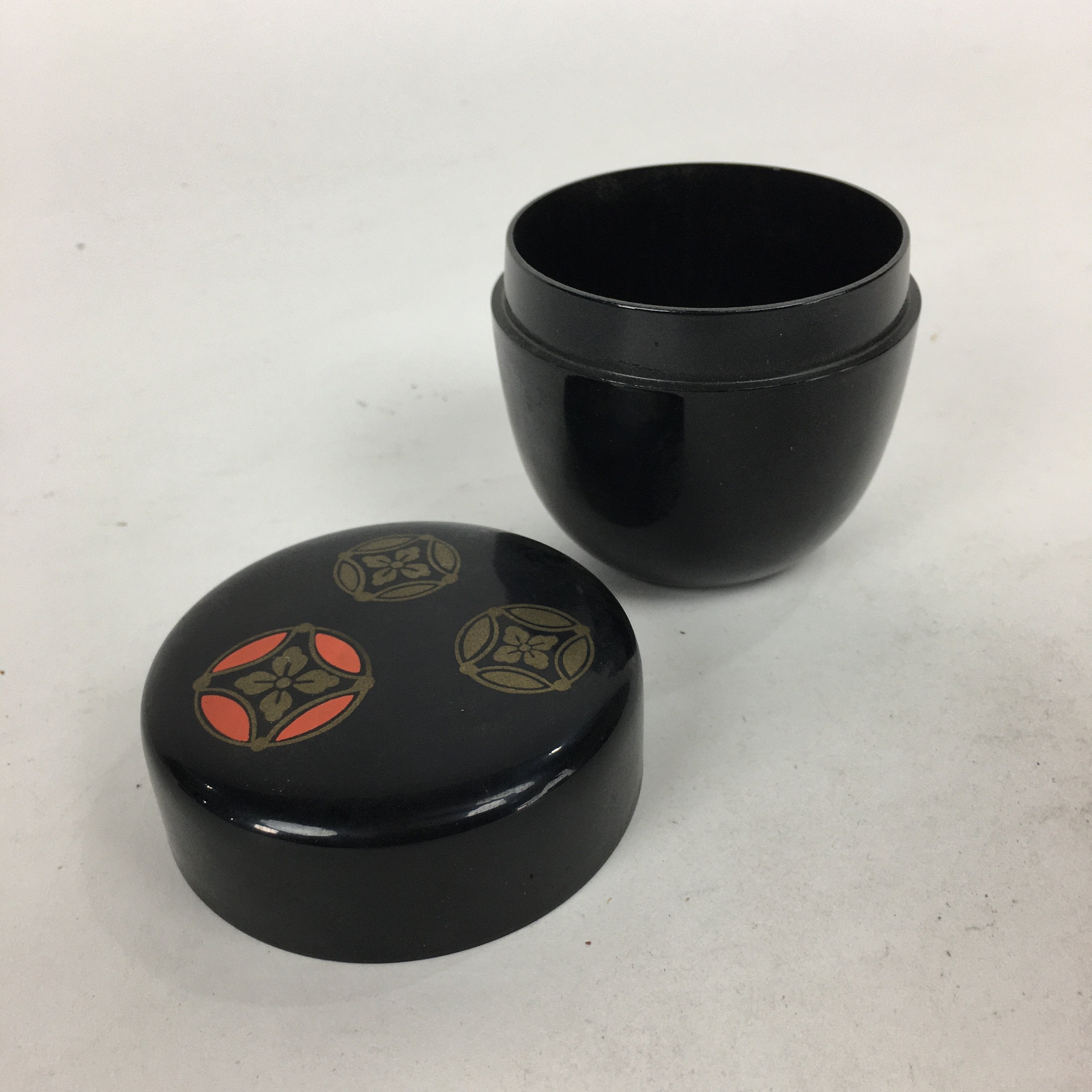Japanese Tea Caddy Vtg Natsume Lacquerware Replica Black Crest Design NM84