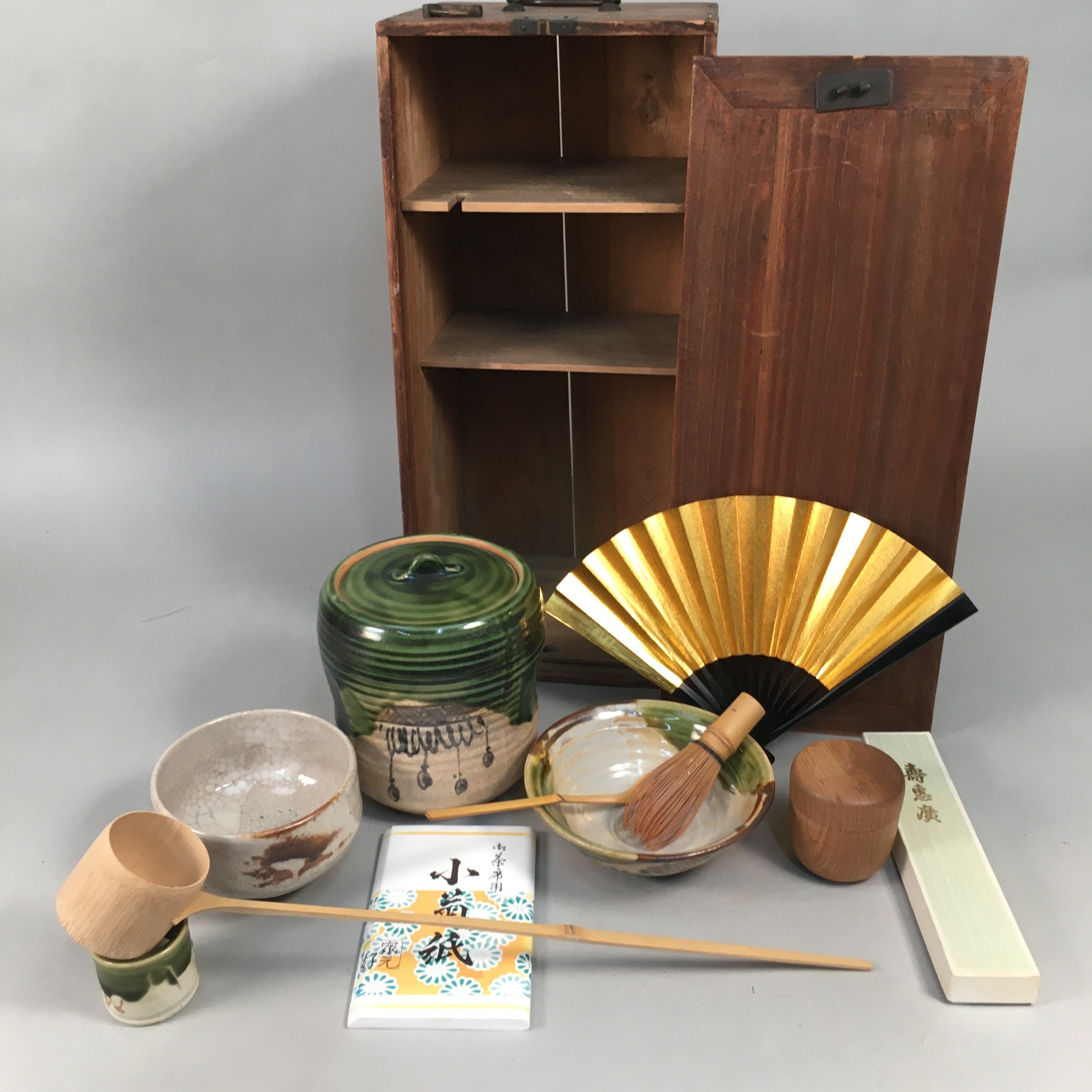 Japanese Tea Ceremony Set Chabako Wooden Box Vtg Chawan Mizusashi PX522