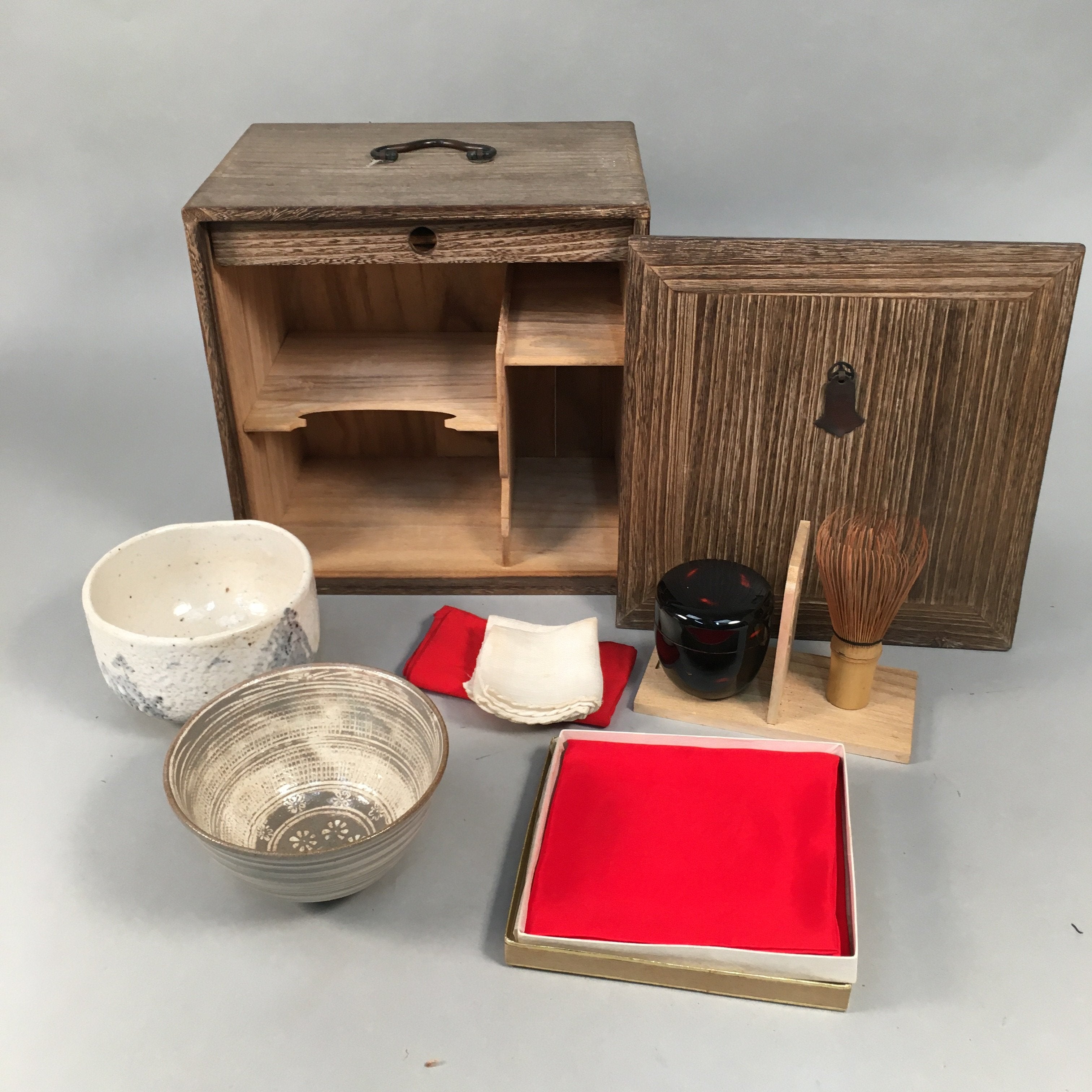 Japanese Tea Ceremony Set Chabako Wooden Box Vtg Chawan Natsume PX521