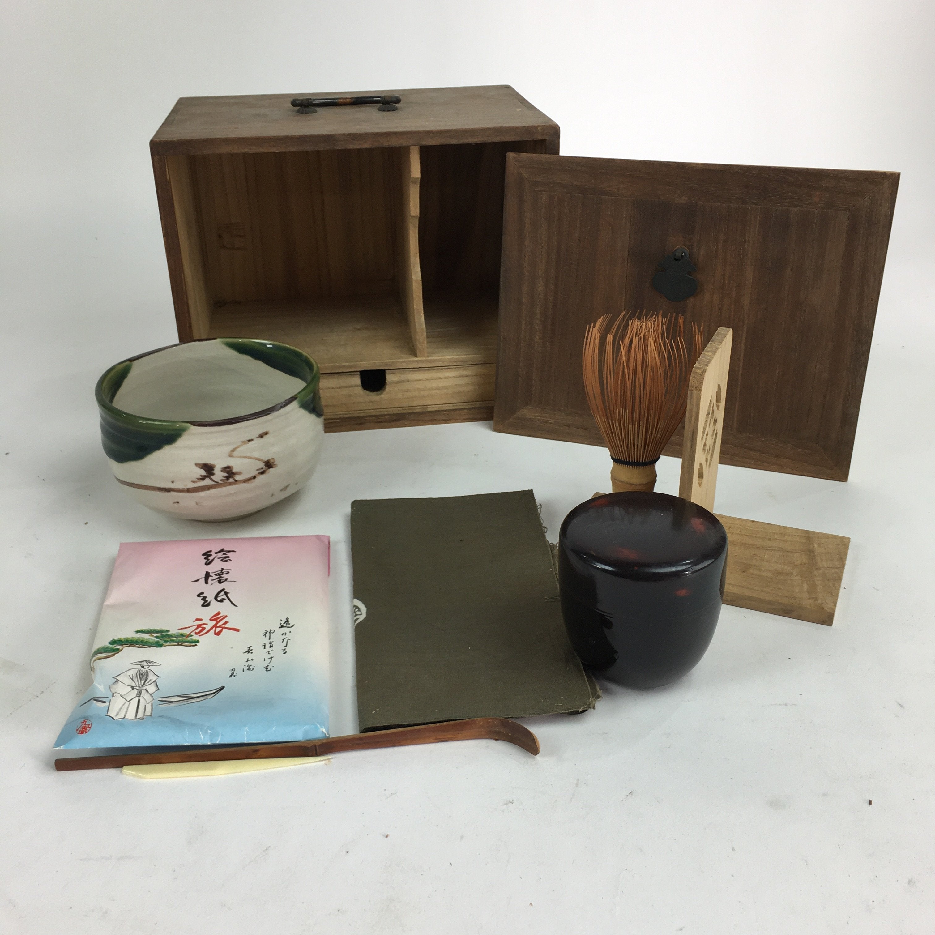 Japanese Tea Ceremony Set Chabako Wooden Box Vtg Chawan Natsume PX558